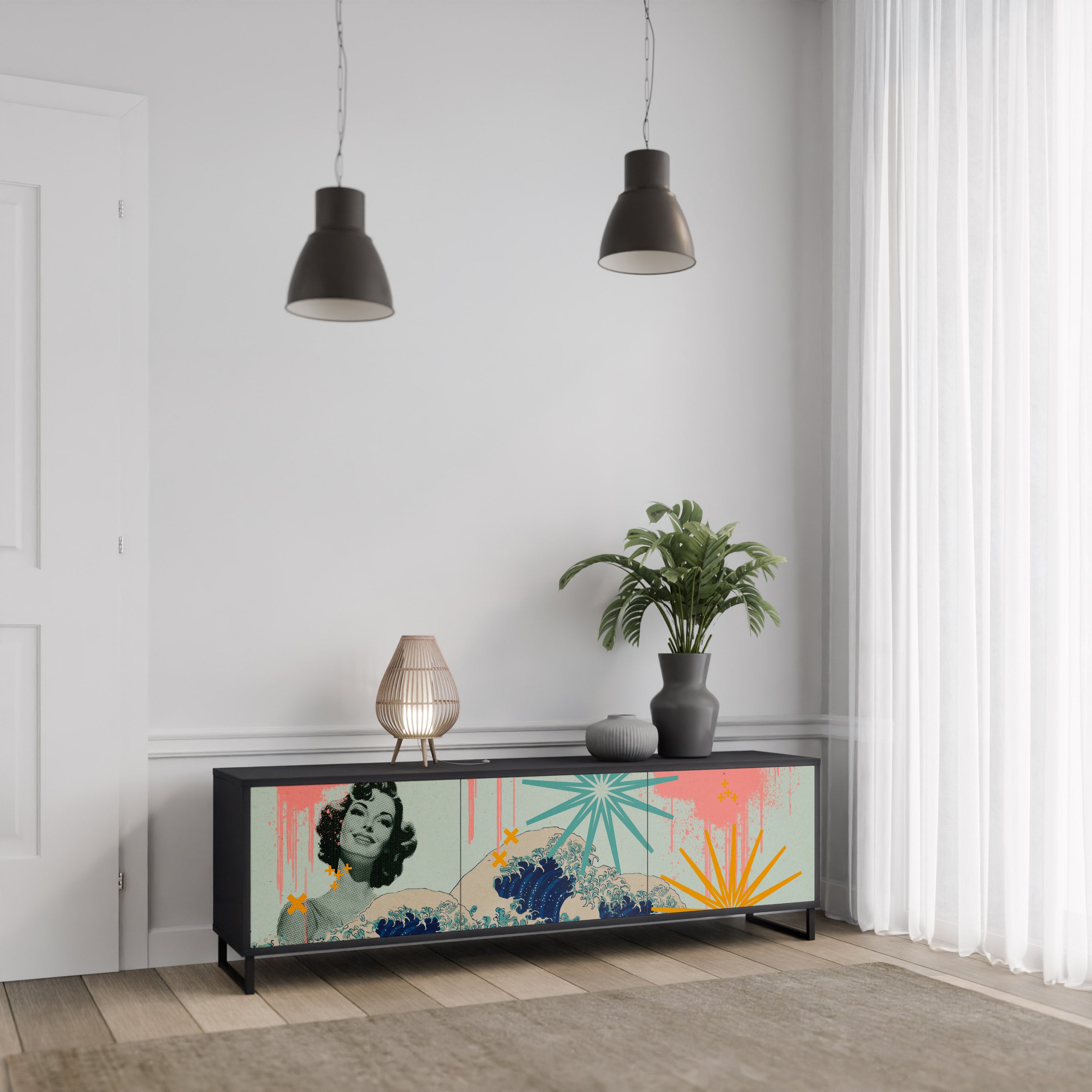Mueble de TV de 3 puertas KANAGAWA BEAUTY con acabado negro