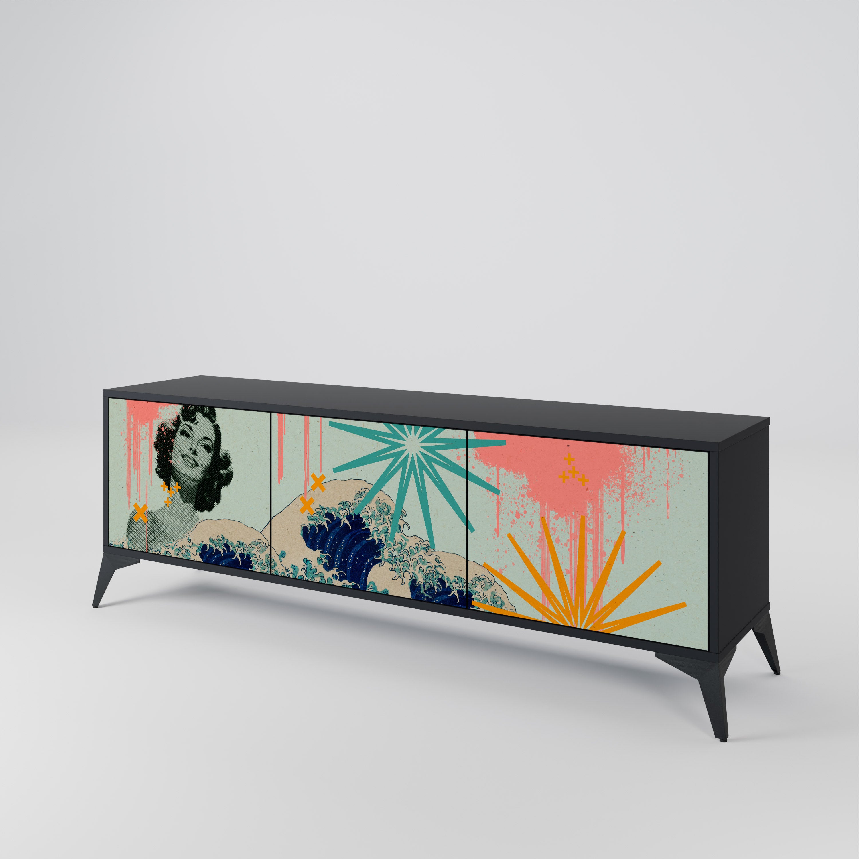 Mueble de TV de 3 puertas KANAGAWA BEAUTY con acabado negro