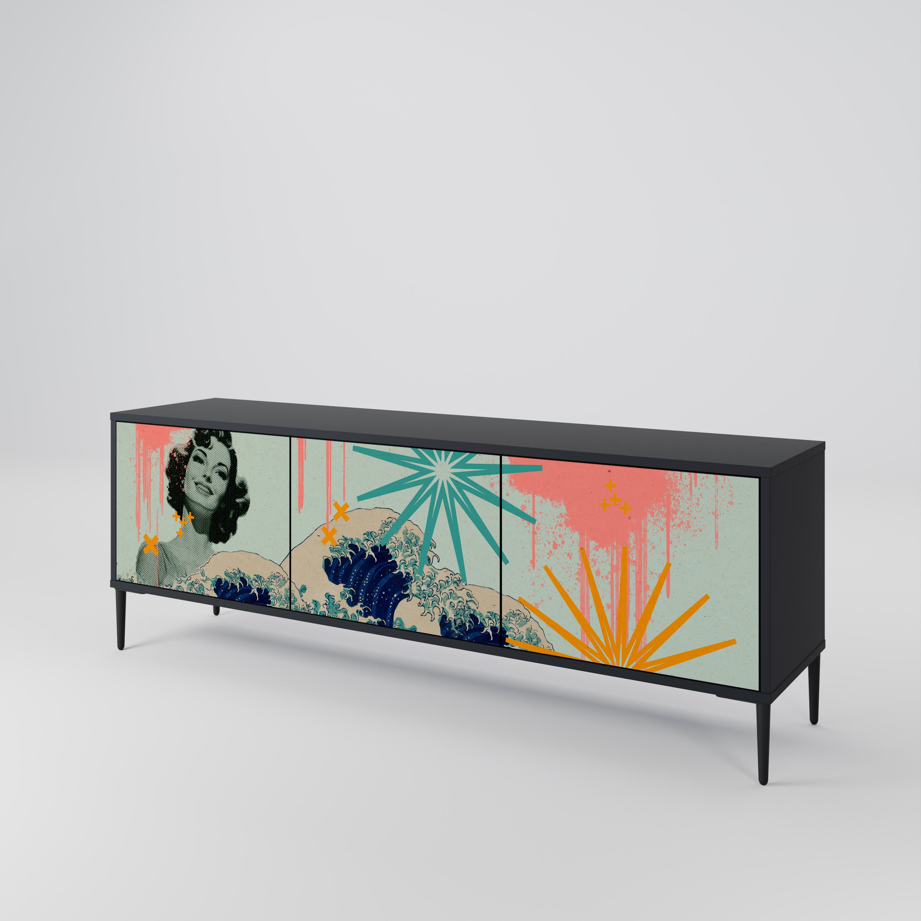 Mueble de TV de 3 puertas KANAGAWA BEAUTY con acabado negro