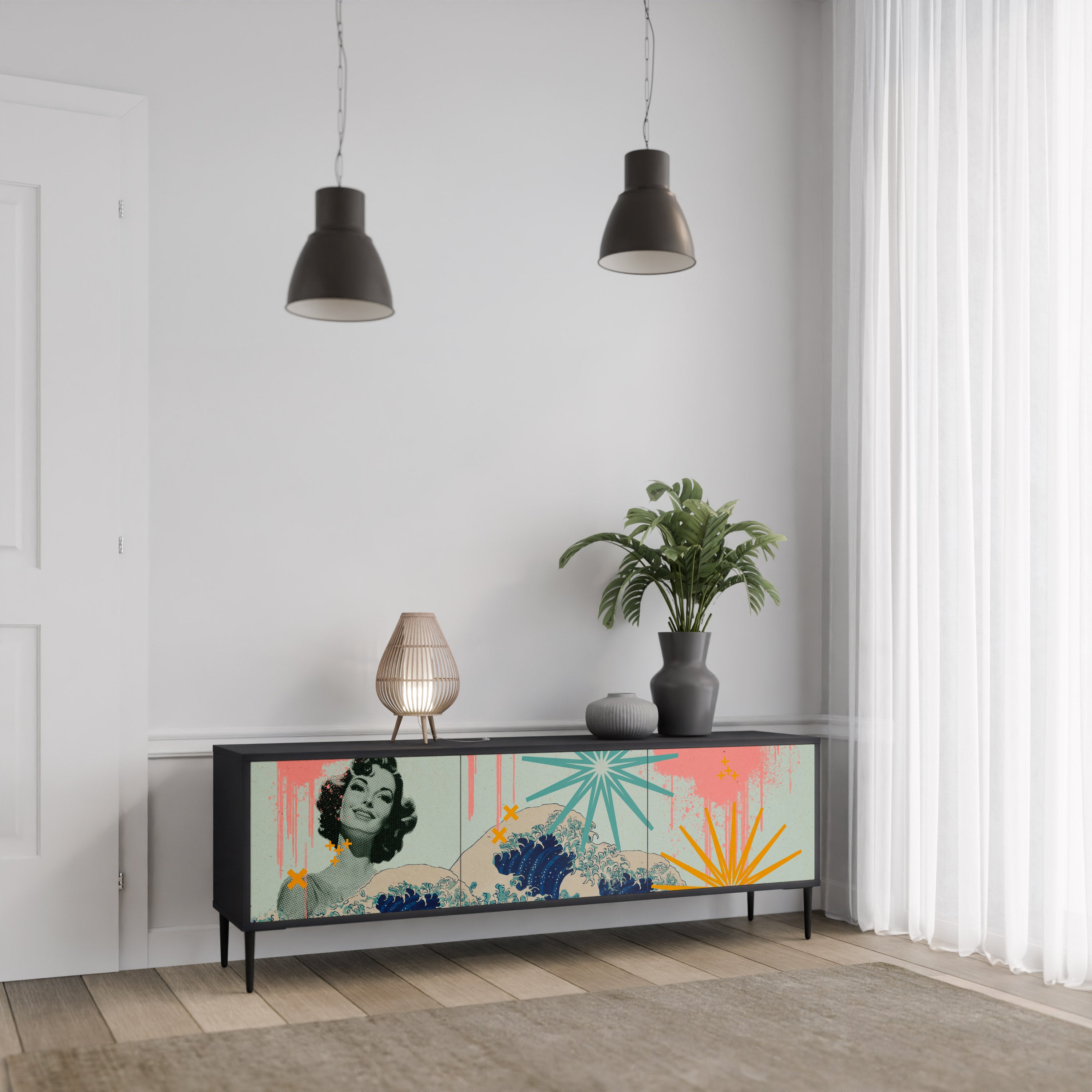 Mueble de TV de 3 puertas KANAGAWA BEAUTY con acabado negro