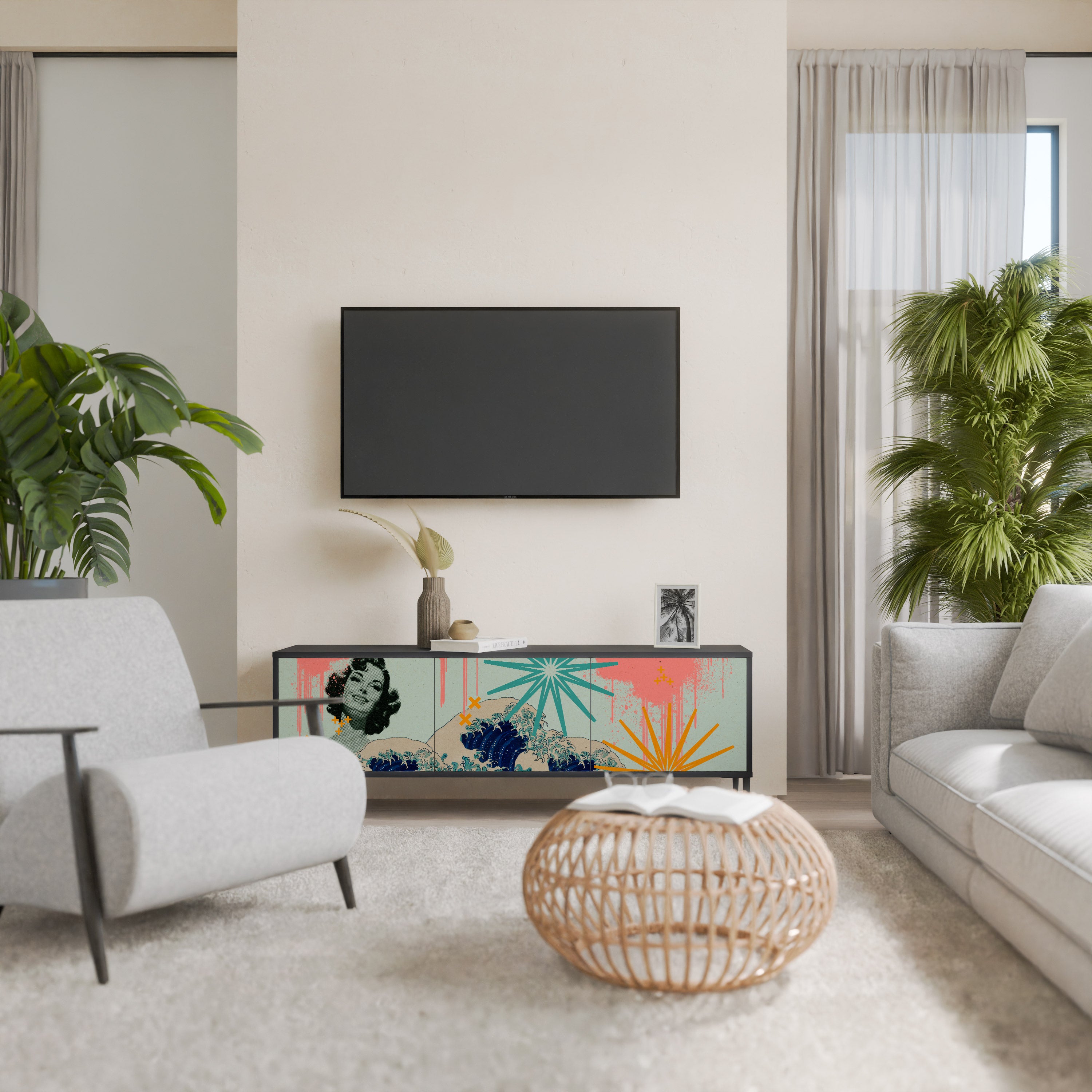 Mueble de TV de 3 puertas KANAGAWA BEAUTY con acabado negro