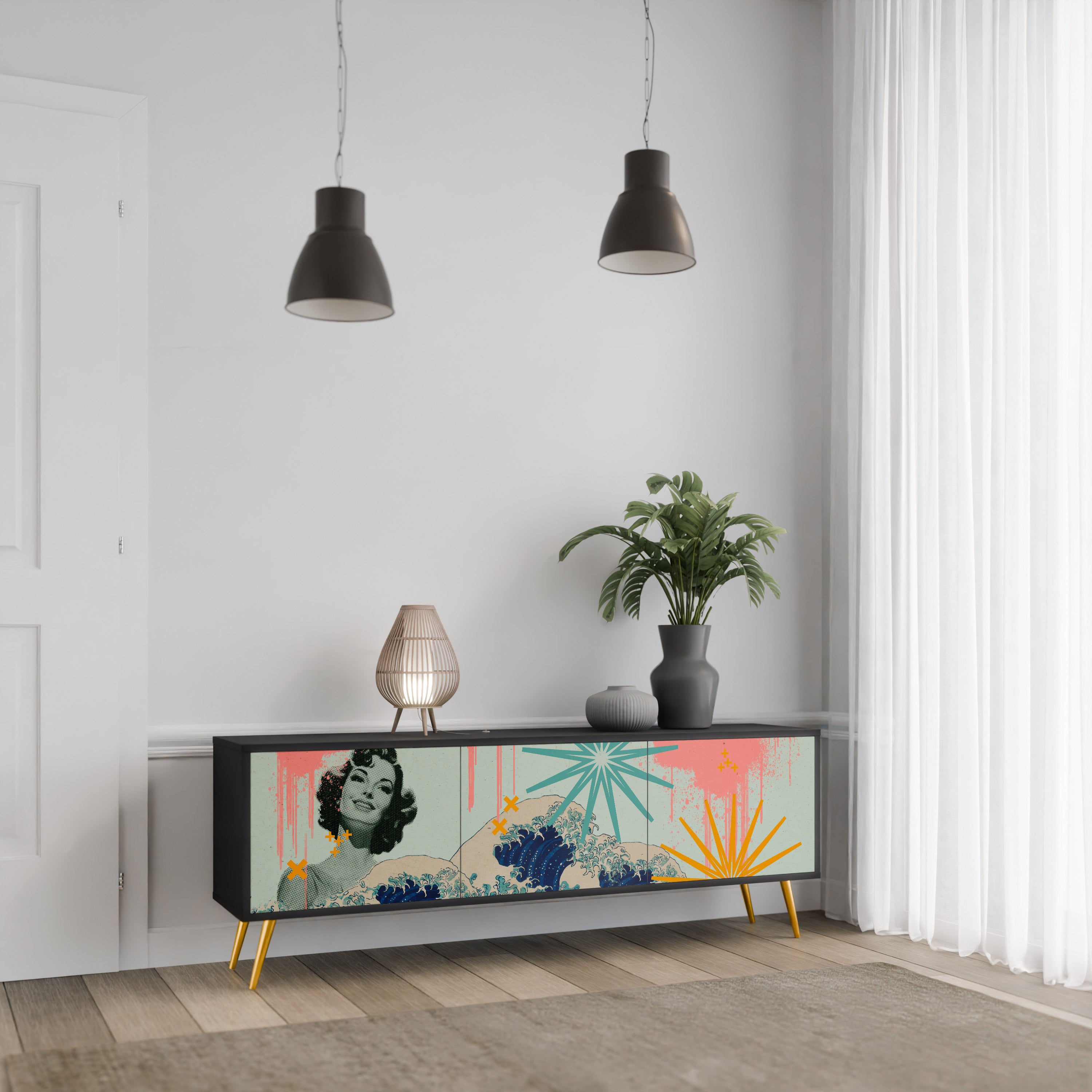 Mueble de TV de 3 puertas KANAGAWA BEAUTY con acabado negro
