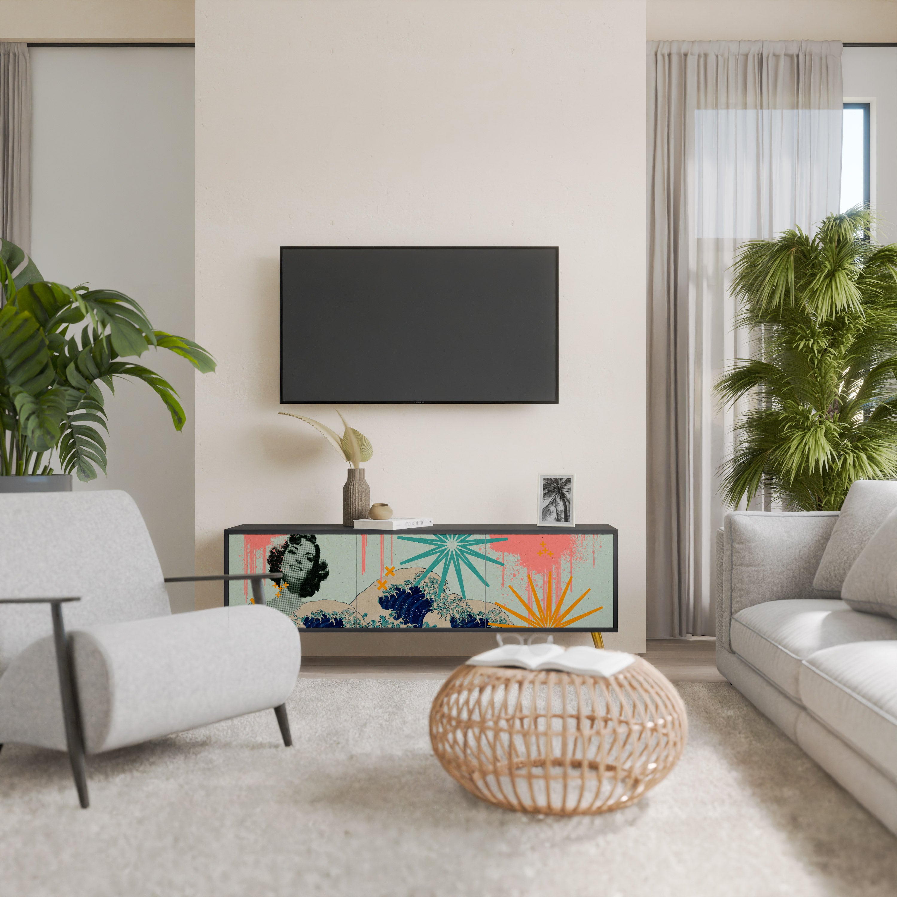 Mueble de TV de 3 puertas KANAGAWA BEAUTY con acabado negro