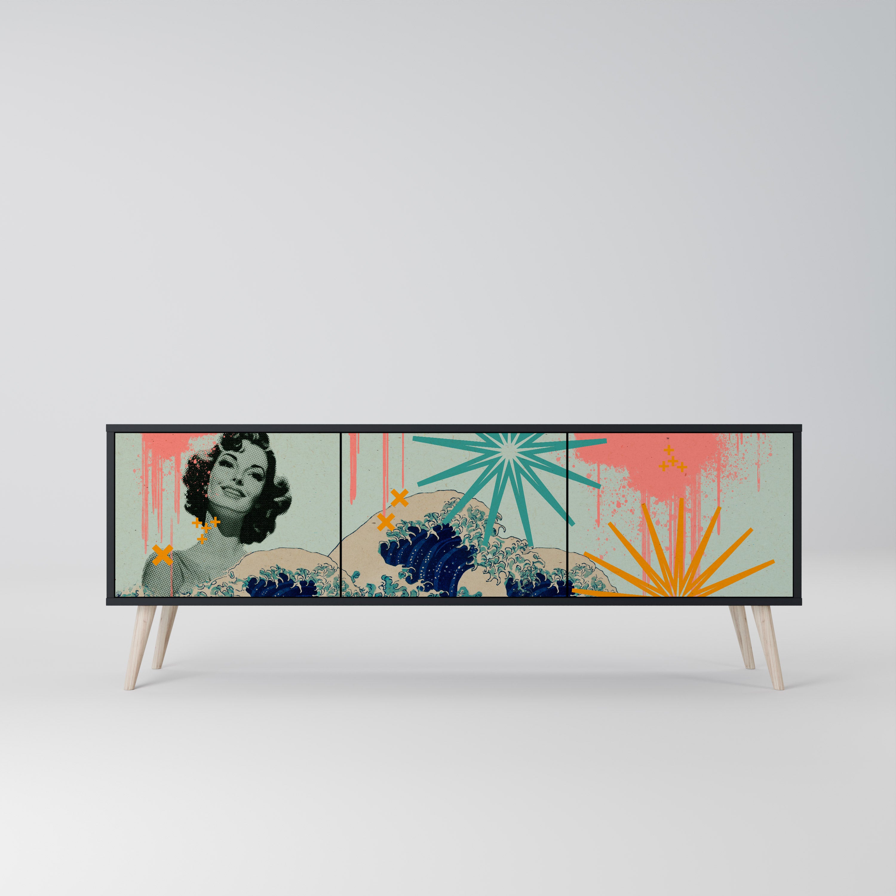 Mueble de TV de 3 puertas KANAGAWA BEAUTY con acabado negro