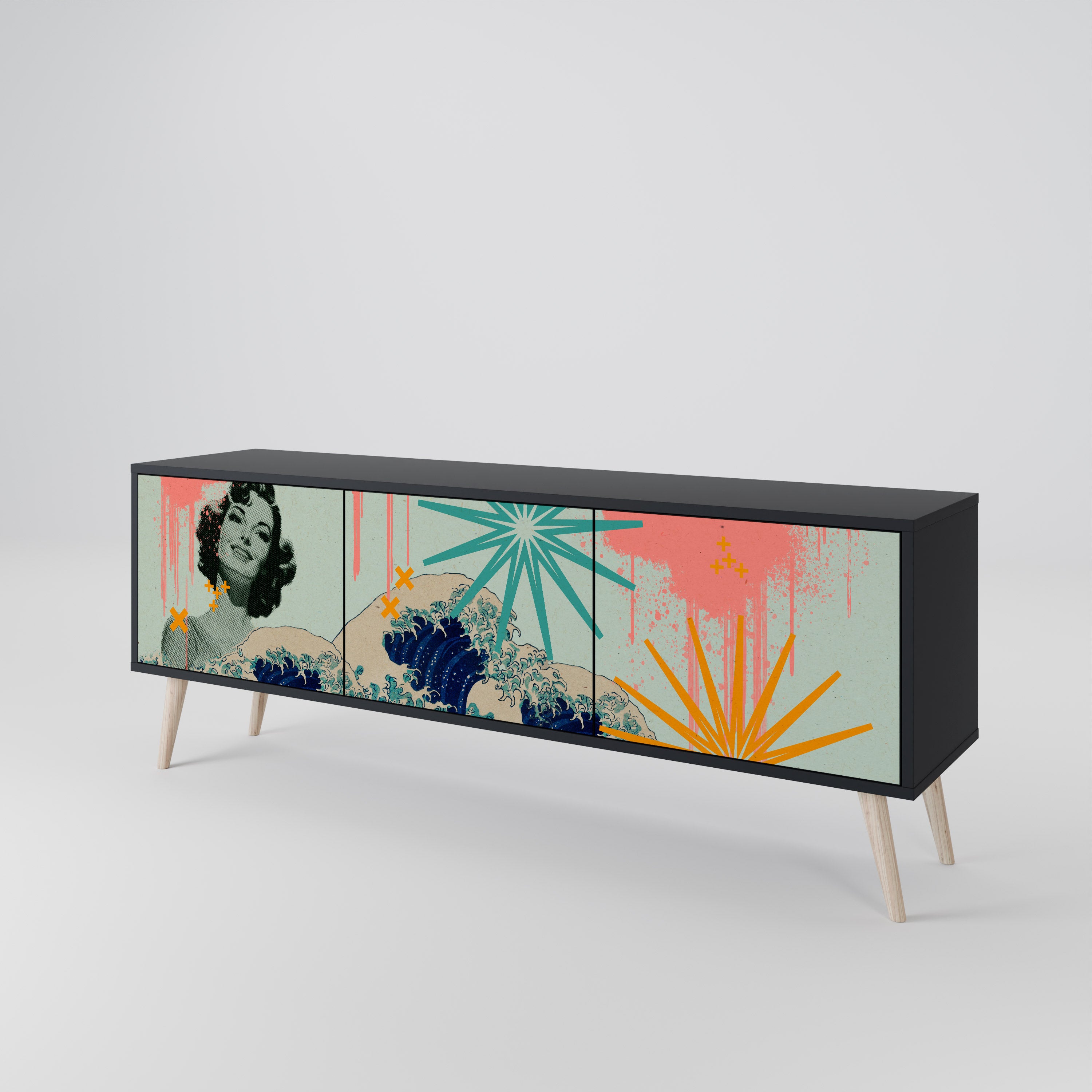 Mueble de TV de 3 puertas KANAGAWA BEAUTY con acabado negro