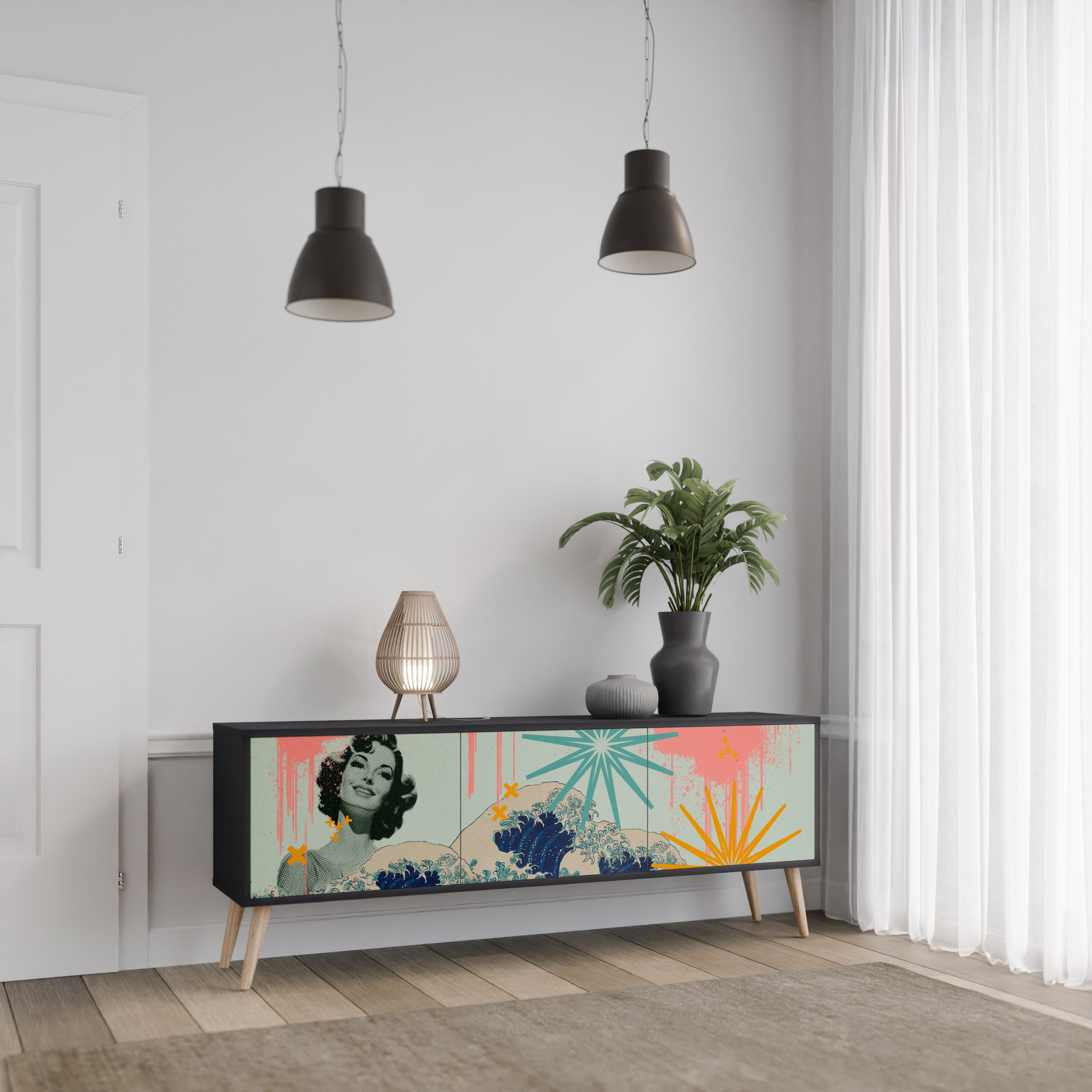 Mueble de TV de 3 puertas KANAGAWA BEAUTY con acabado negro