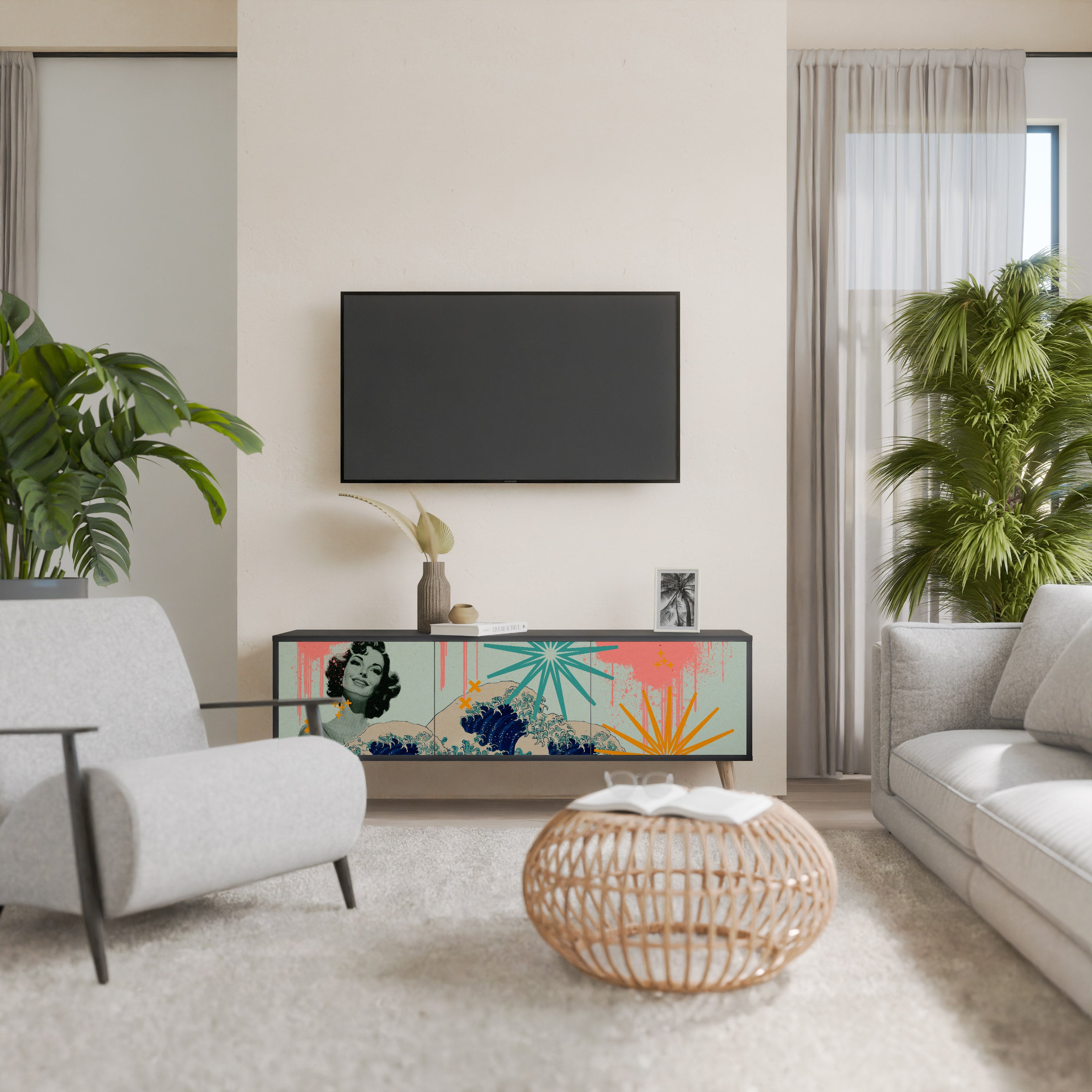 Mueble de TV de 3 puertas KANAGAWA BEAUTY con acabado negro