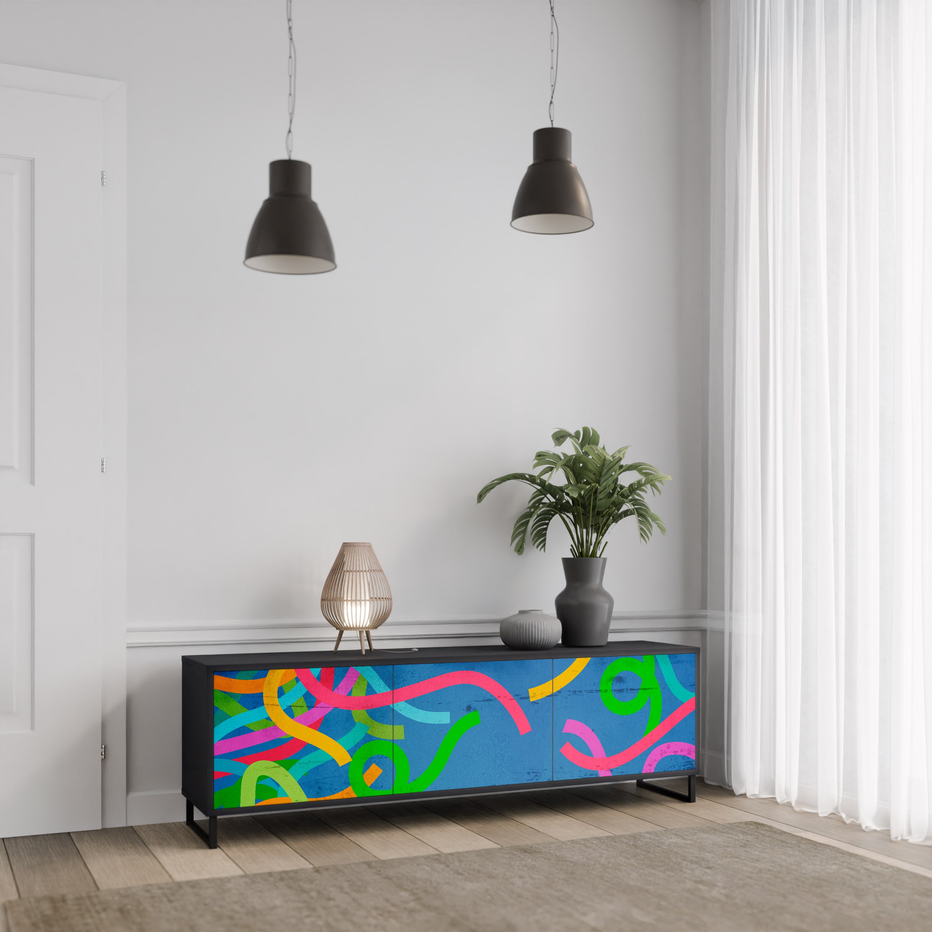 Mueble para TV STREAMER TANGLE de 3 puertas con acabado negro