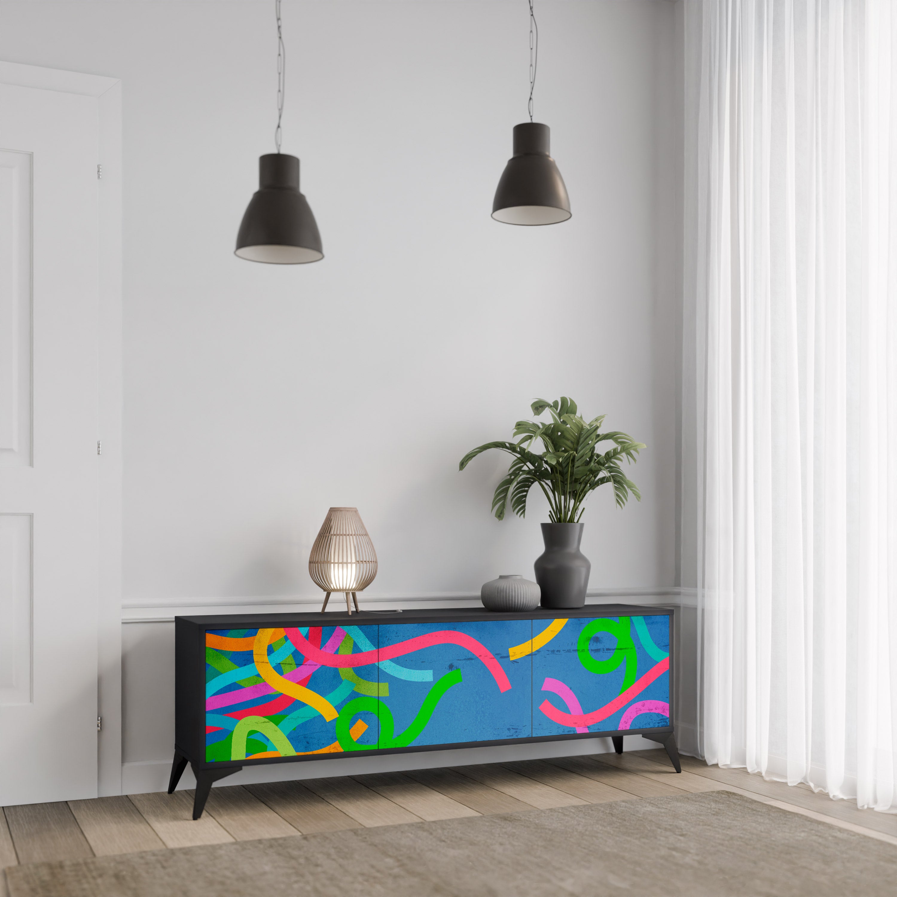 Mueble para TV STREAMER TANGLE de 3 puertas con acabado negro