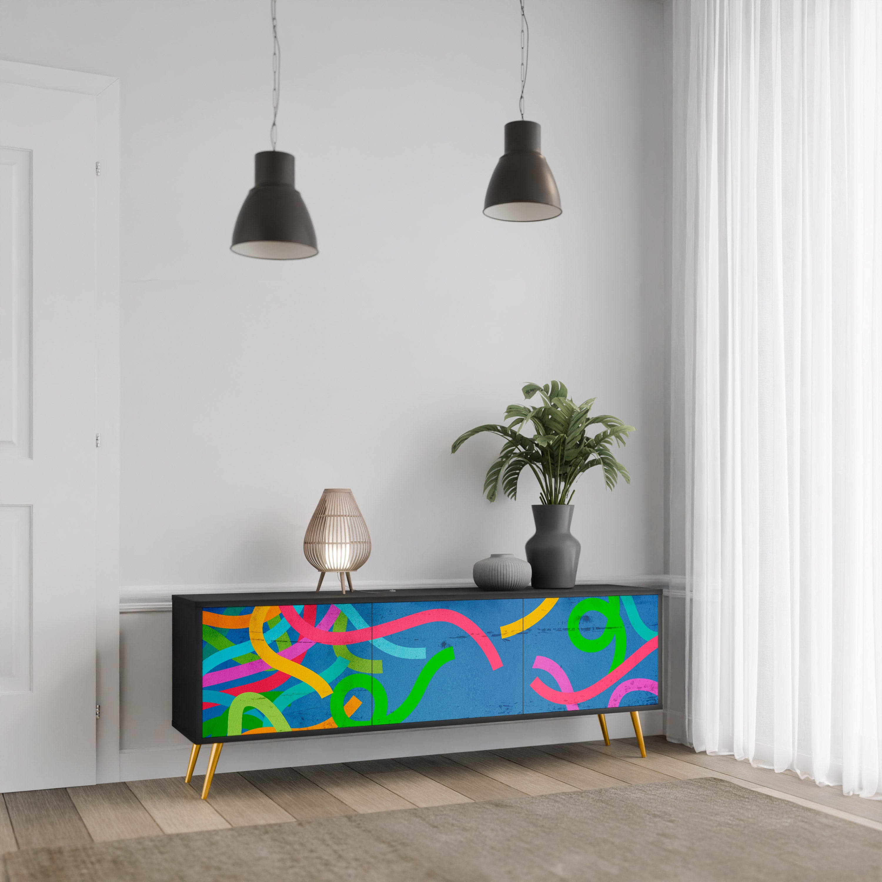 Mueble para TV STREAMER TANGLE de 3 puertas con acabado negro