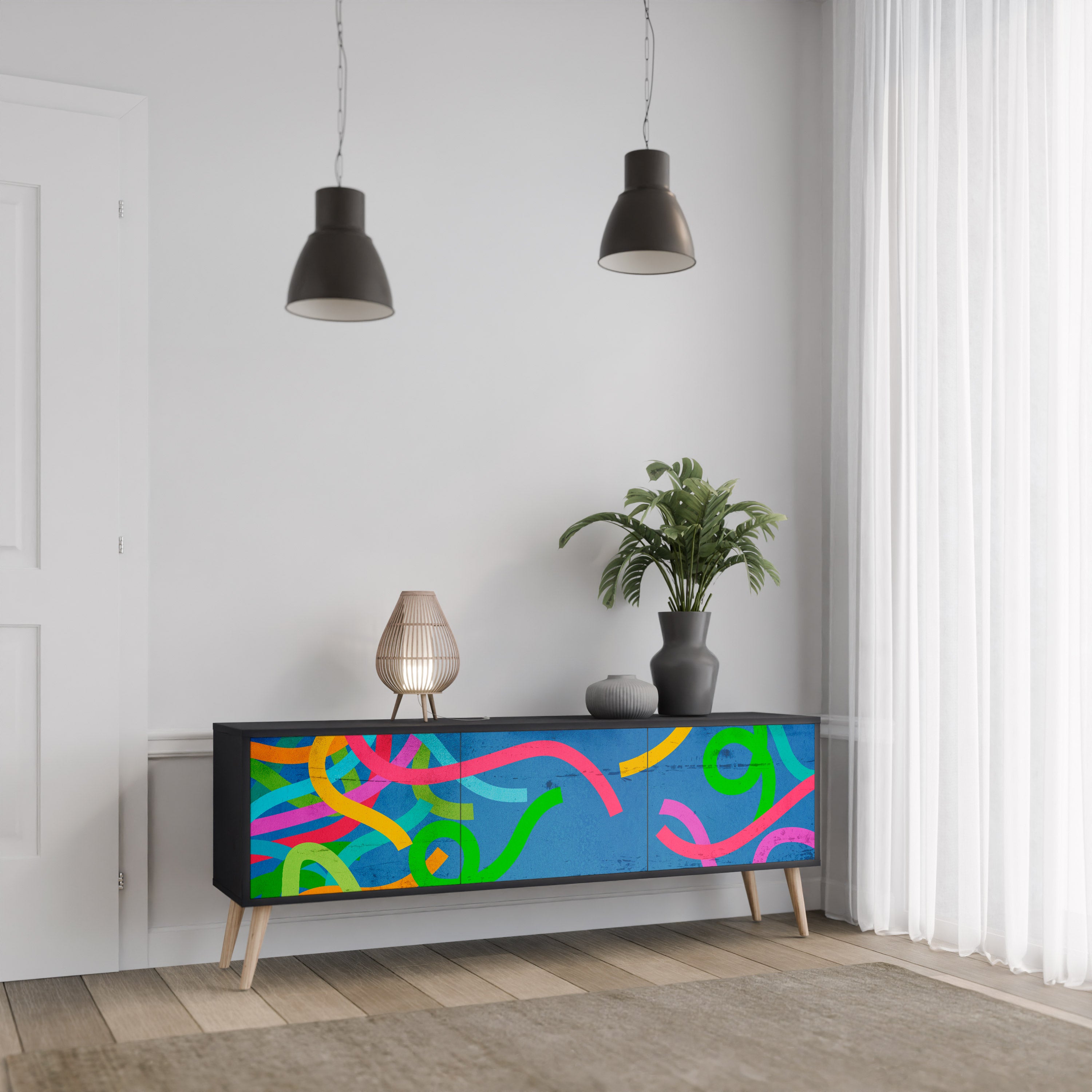 Mueble para TV STREAMER TANGLE de 3 puertas con acabado negro