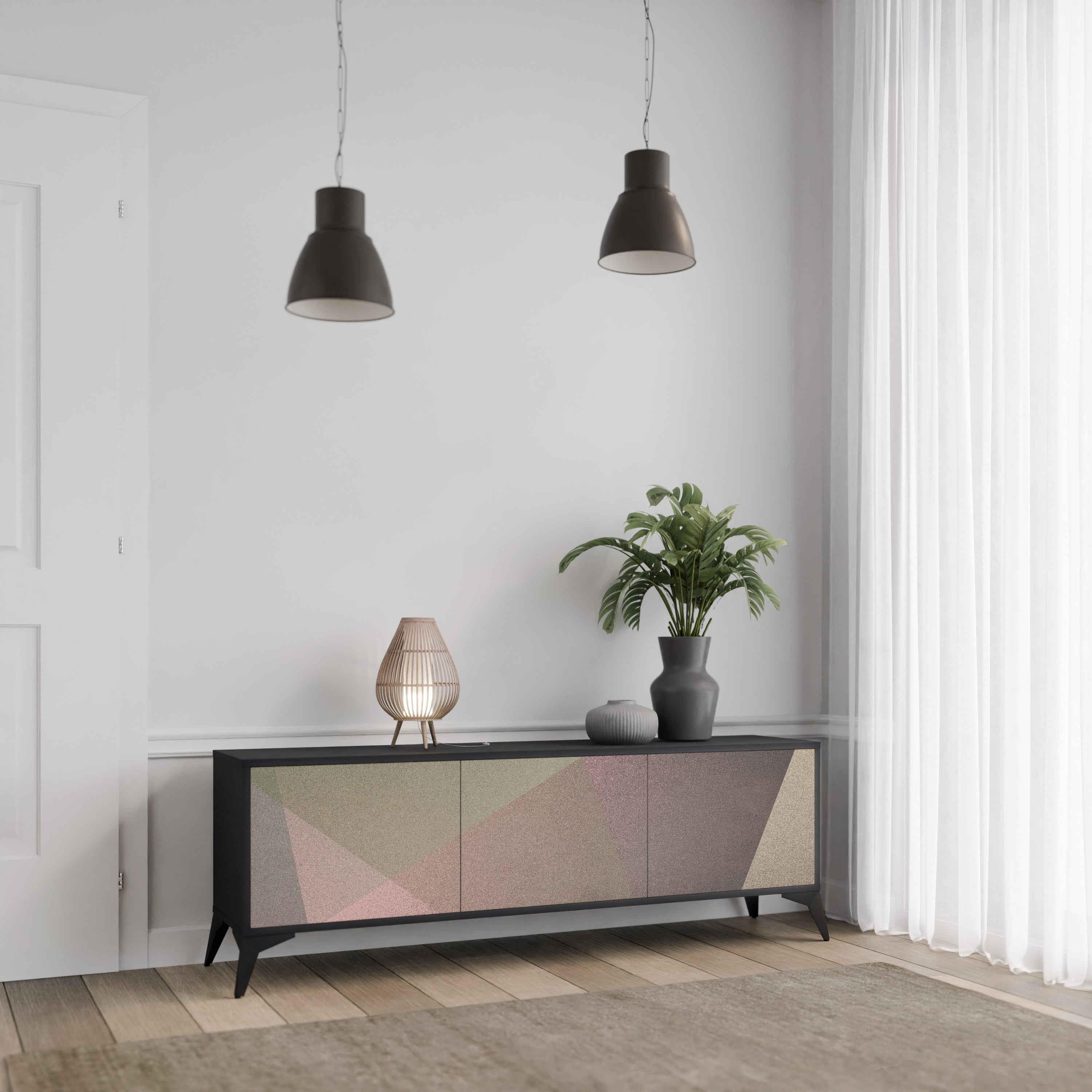 Mueble de TV de 3 puertas BEIGE GEOMETRY en acabado negro