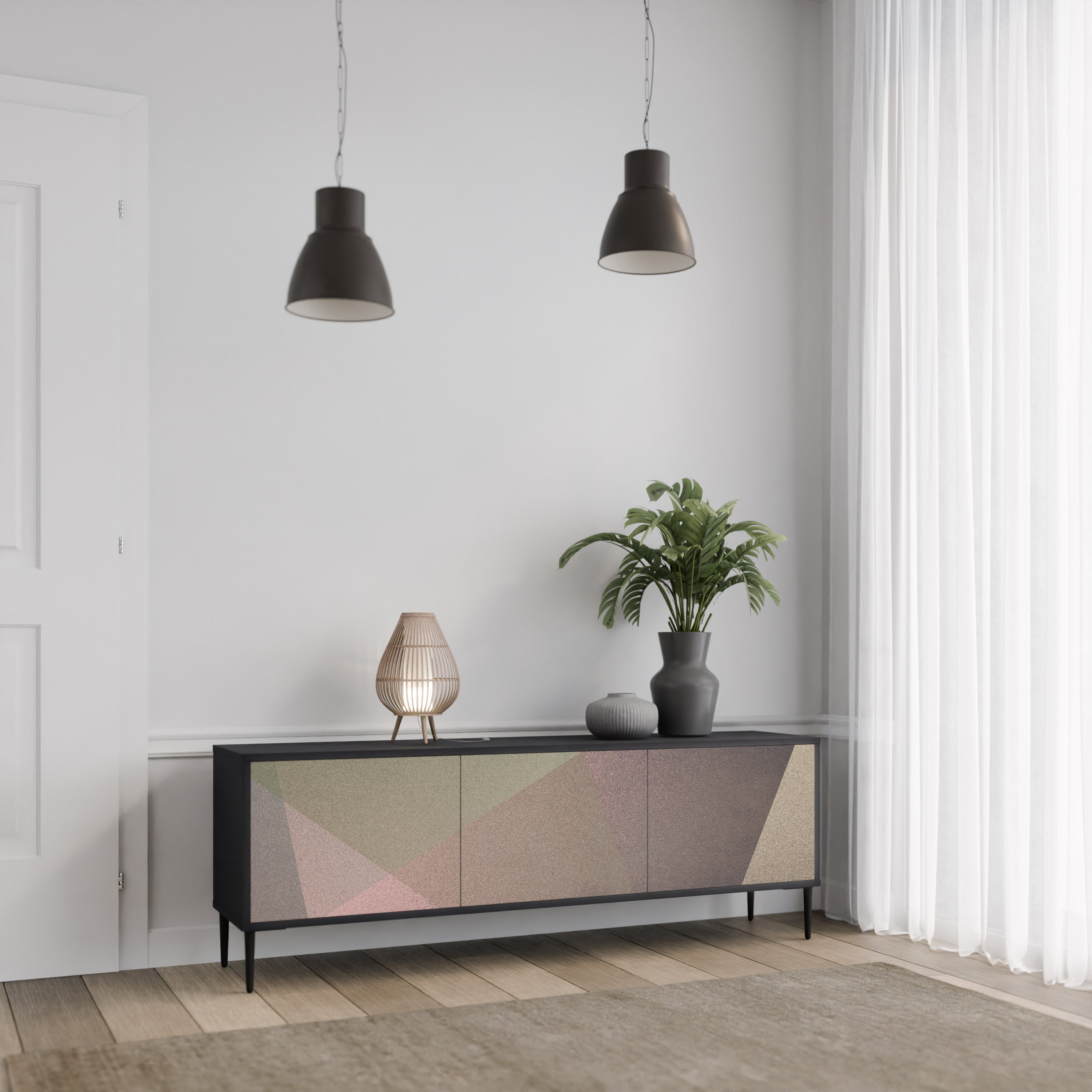 Mueble de TV de 3 puertas BEIGE GEOMETRY en acabado negro