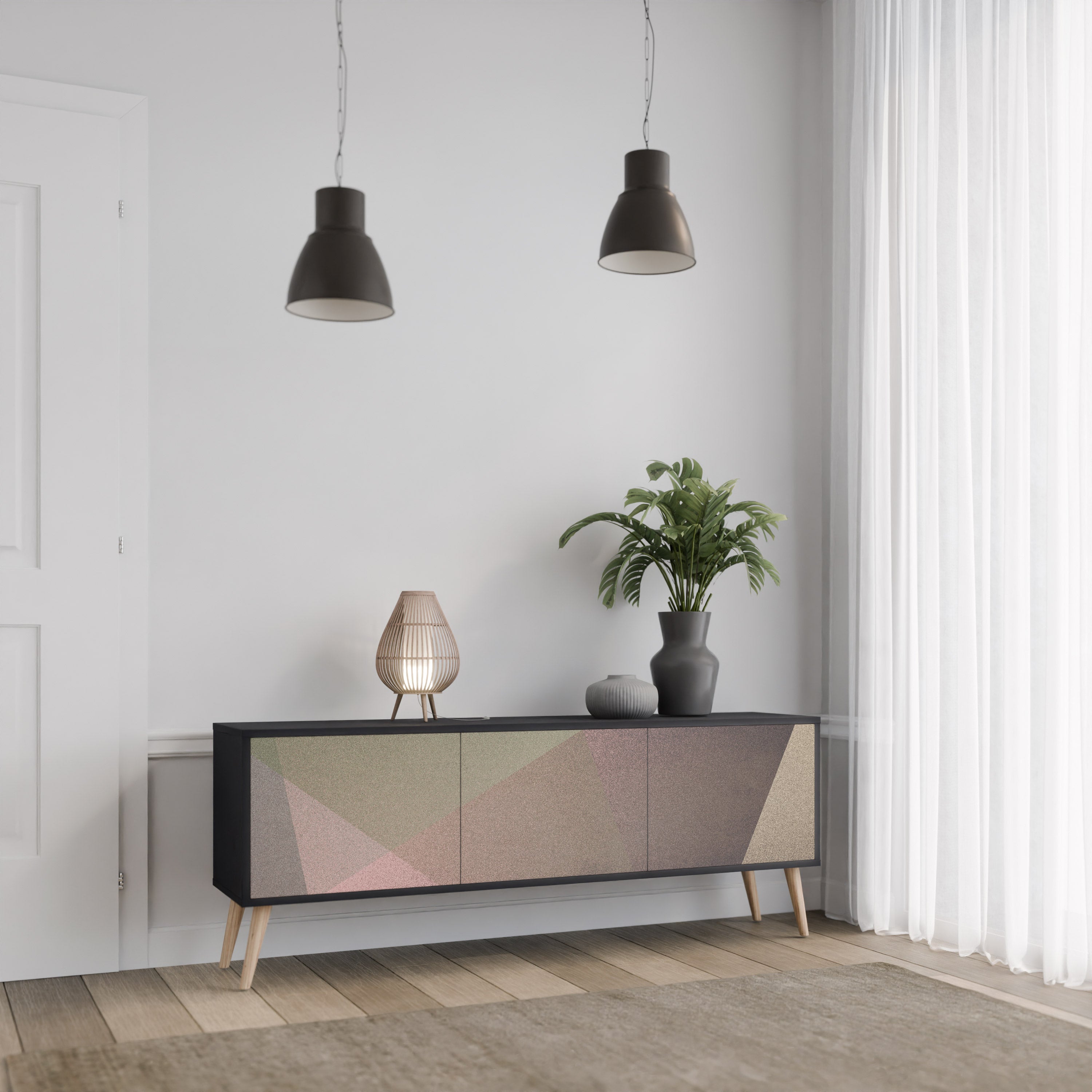 Mueble de TV de 3 puertas BEIGE GEOMETRY en acabado negro