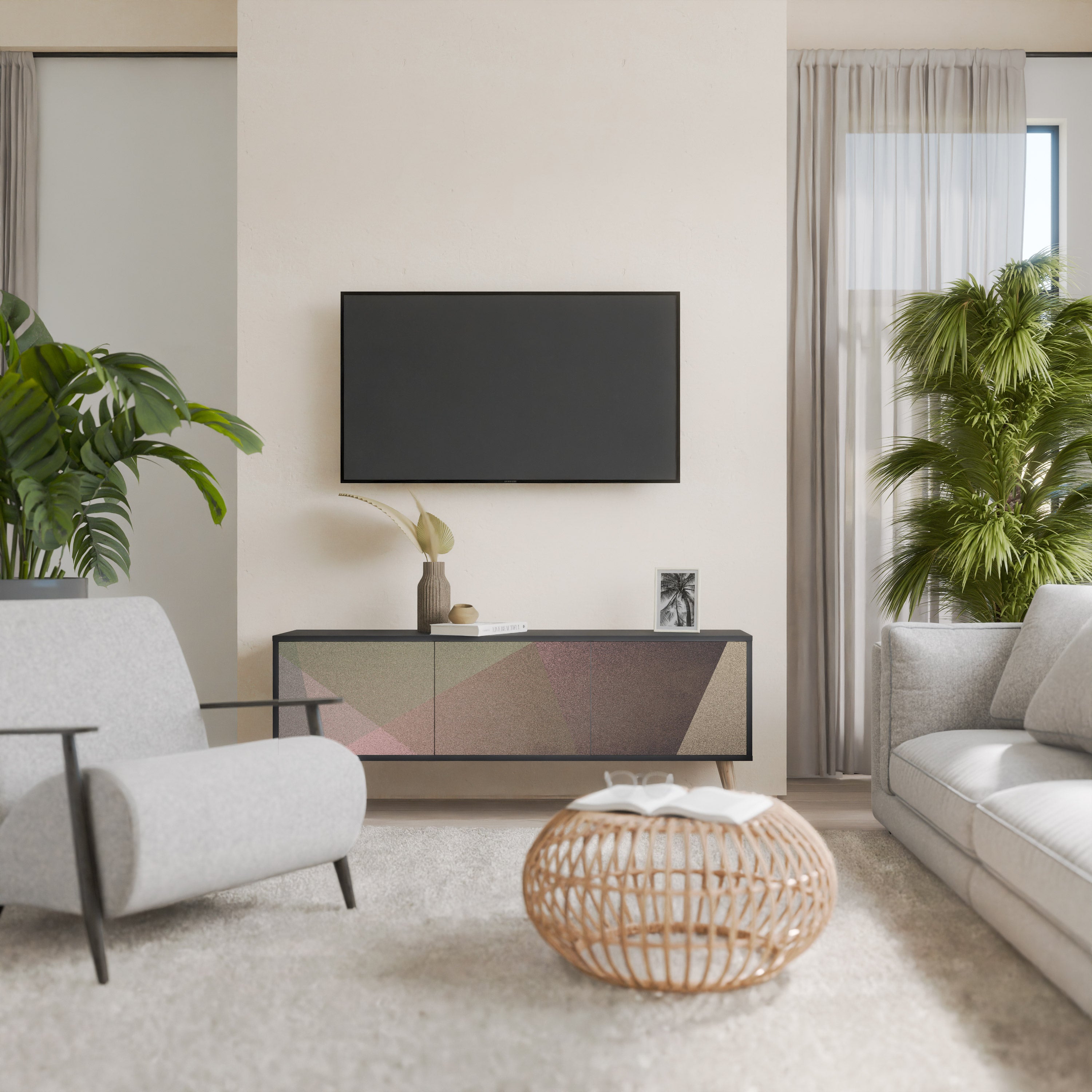Mueble de TV de 3 puertas BEIGE GEOMETRY en acabado negro