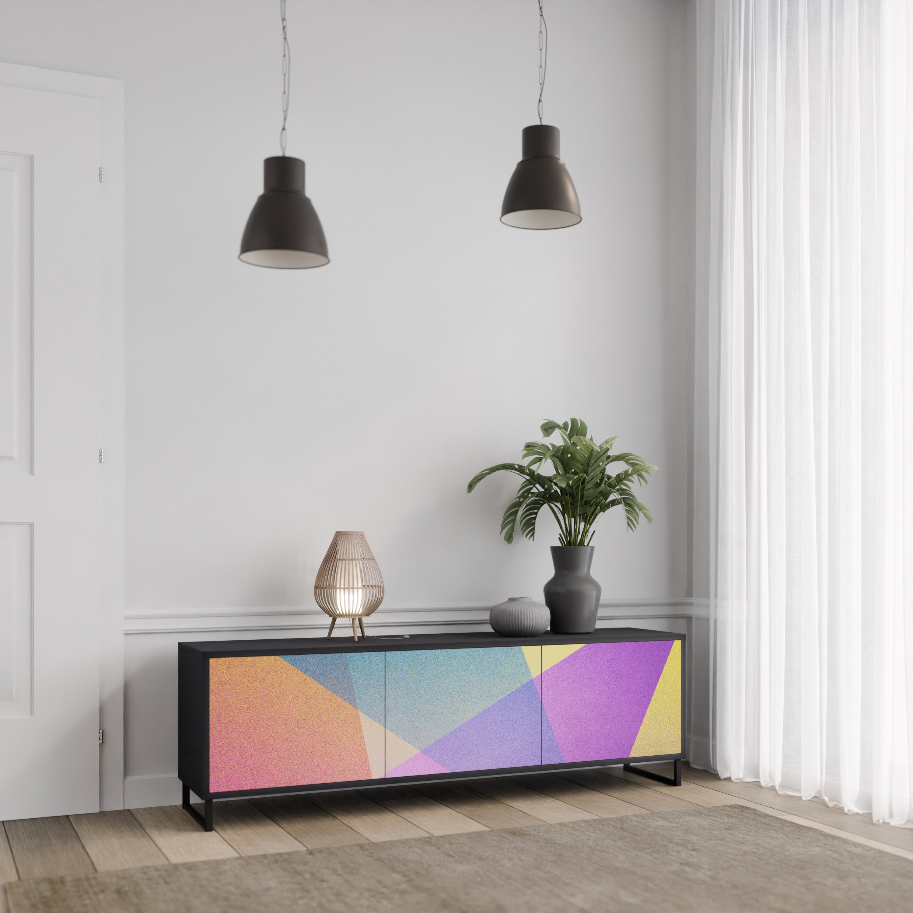 Mueble de TV de 3 puertas BRIGHT GEOMETRY en acabado negro