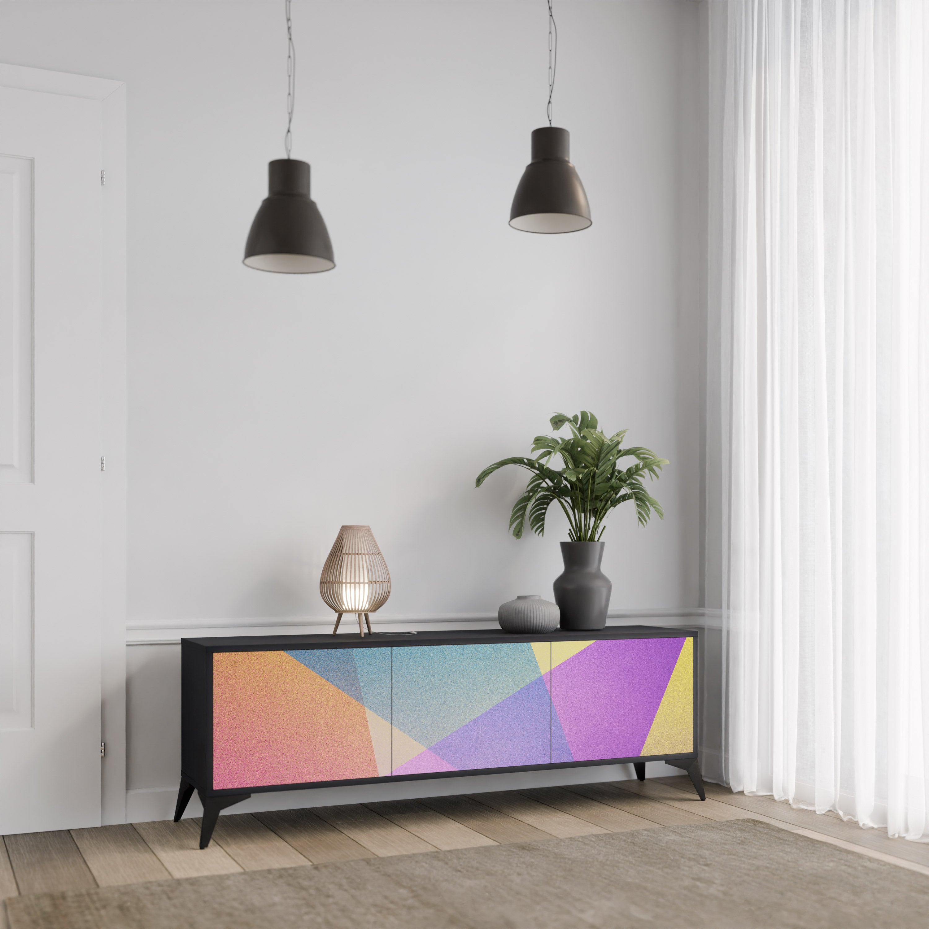 Mueble de TV de 3 puertas BRIGHT GEOMETRY en acabado negro