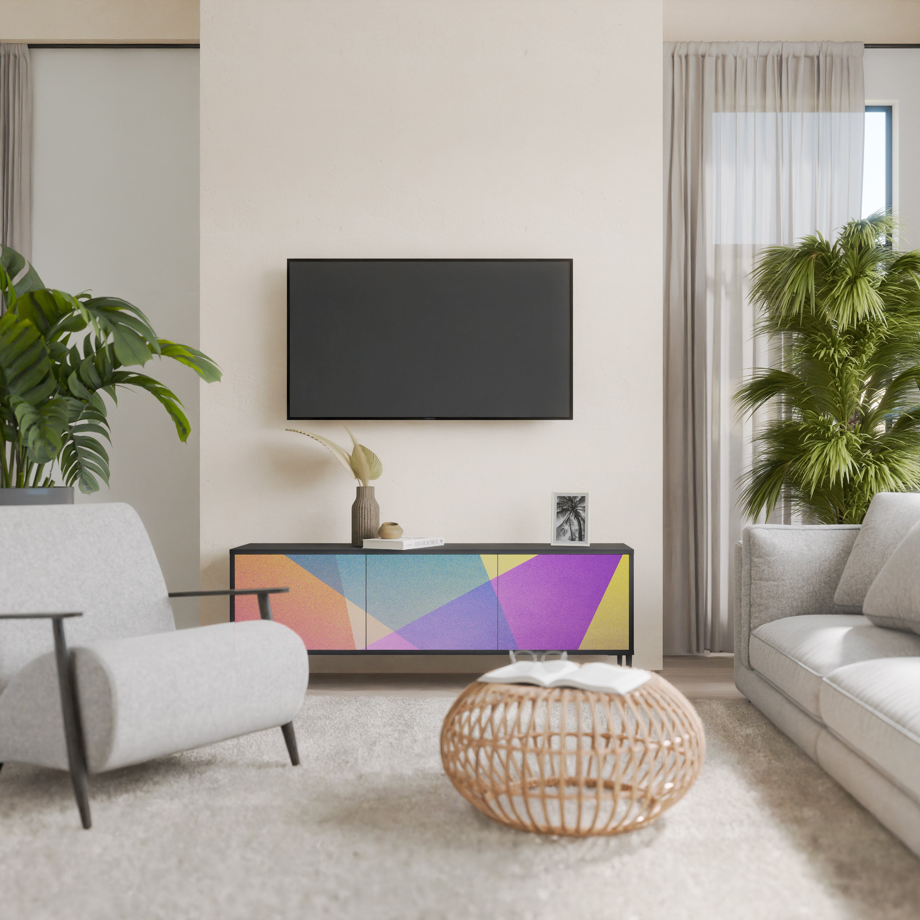 Mueble de TV de 3 puertas BRIGHT GEOMETRY en acabado negro