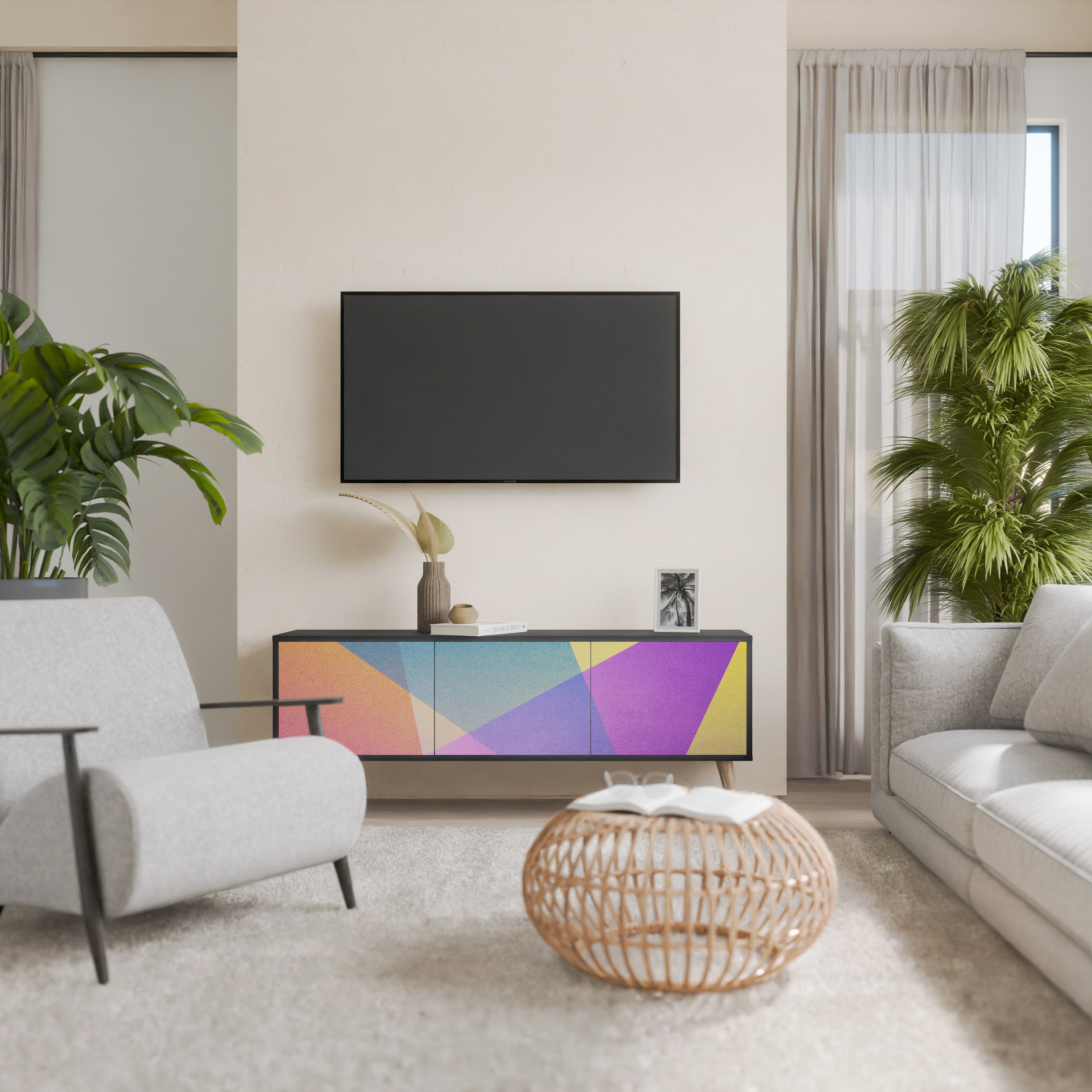Mueble de TV de 3 puertas BRIGHT GEOMETRY en acabado negro