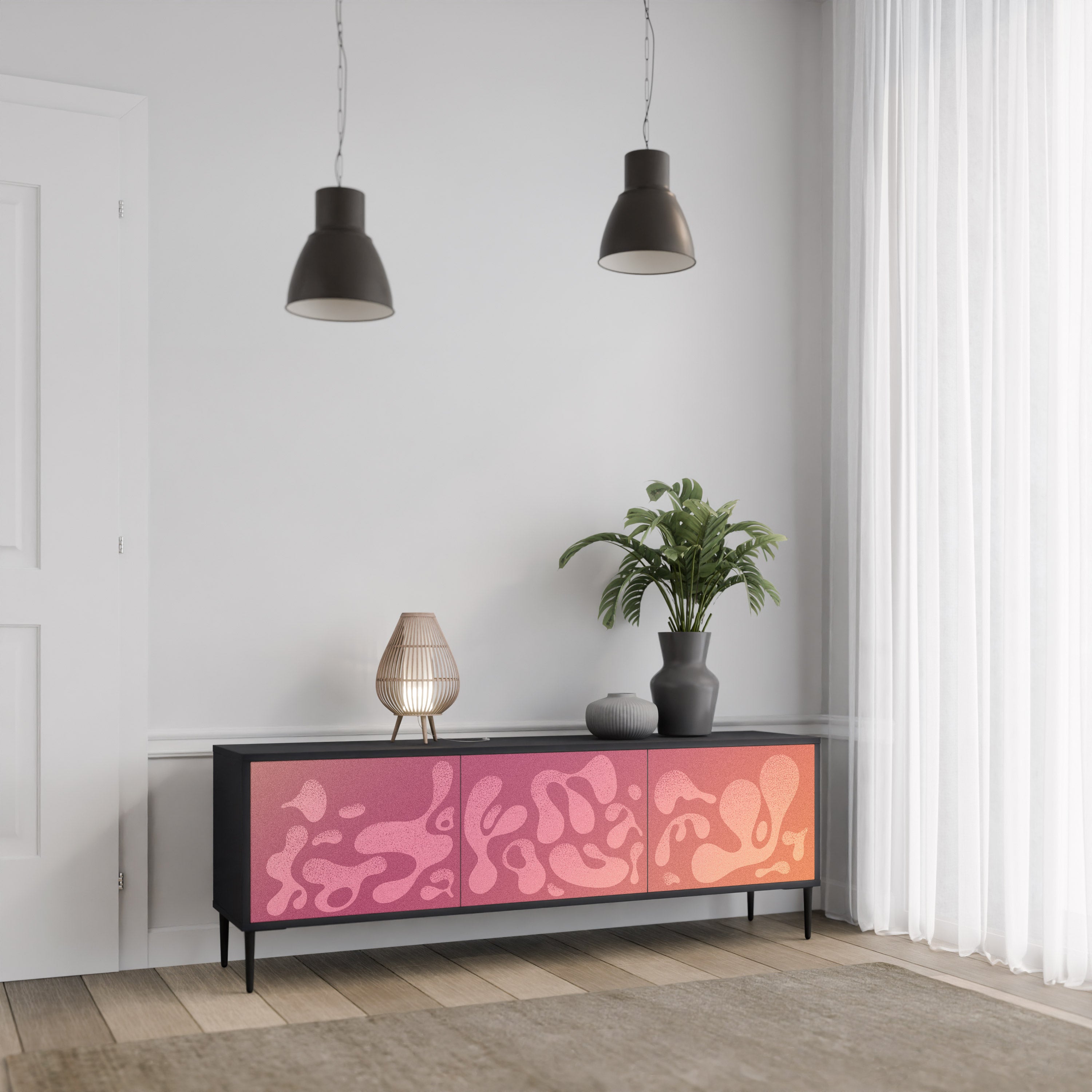 Mueble de TV IRREGULAR PINK de 3 puertas con acabado negro