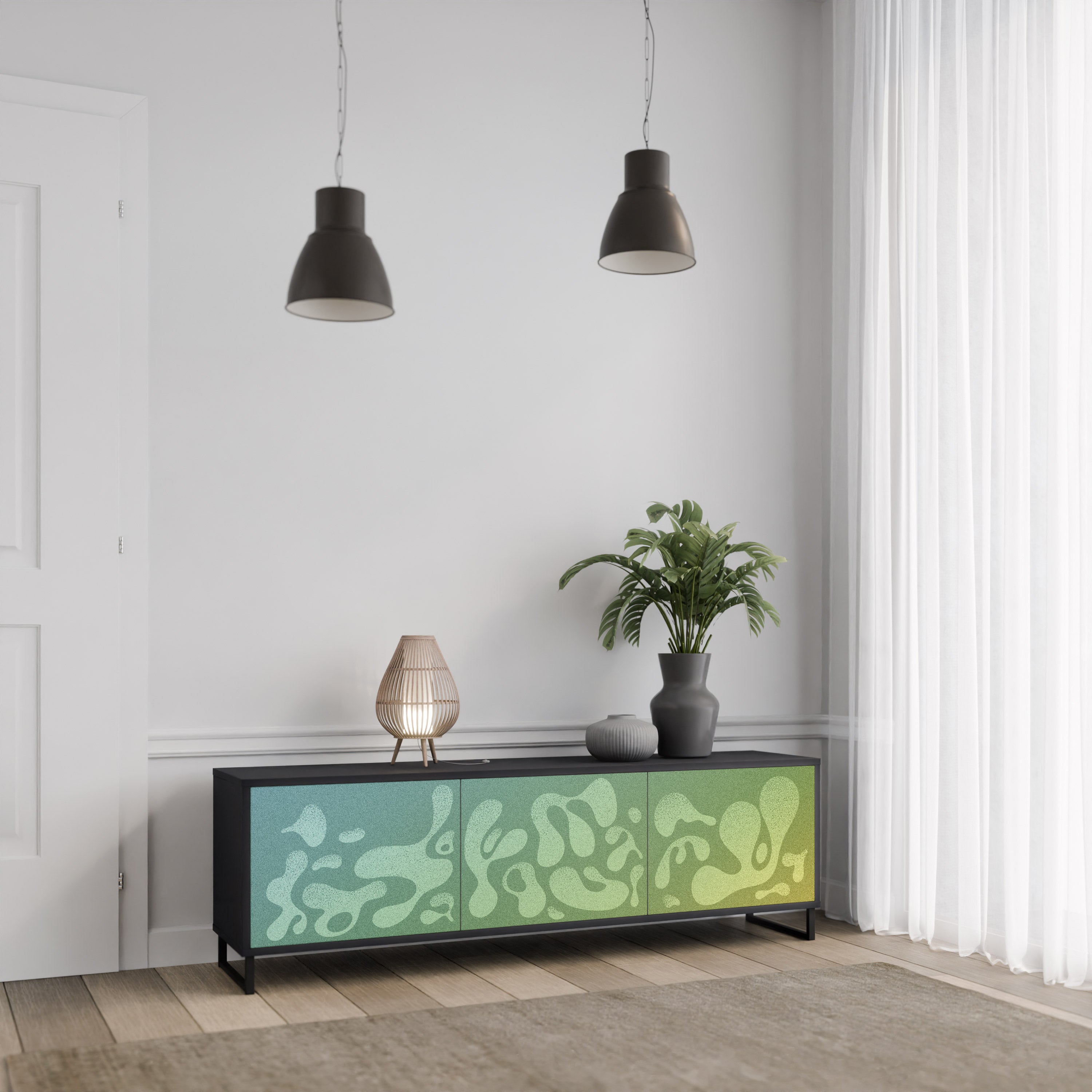 Mueble de TV IRREGULAR BLUE de 3 puertas con acabado negro
