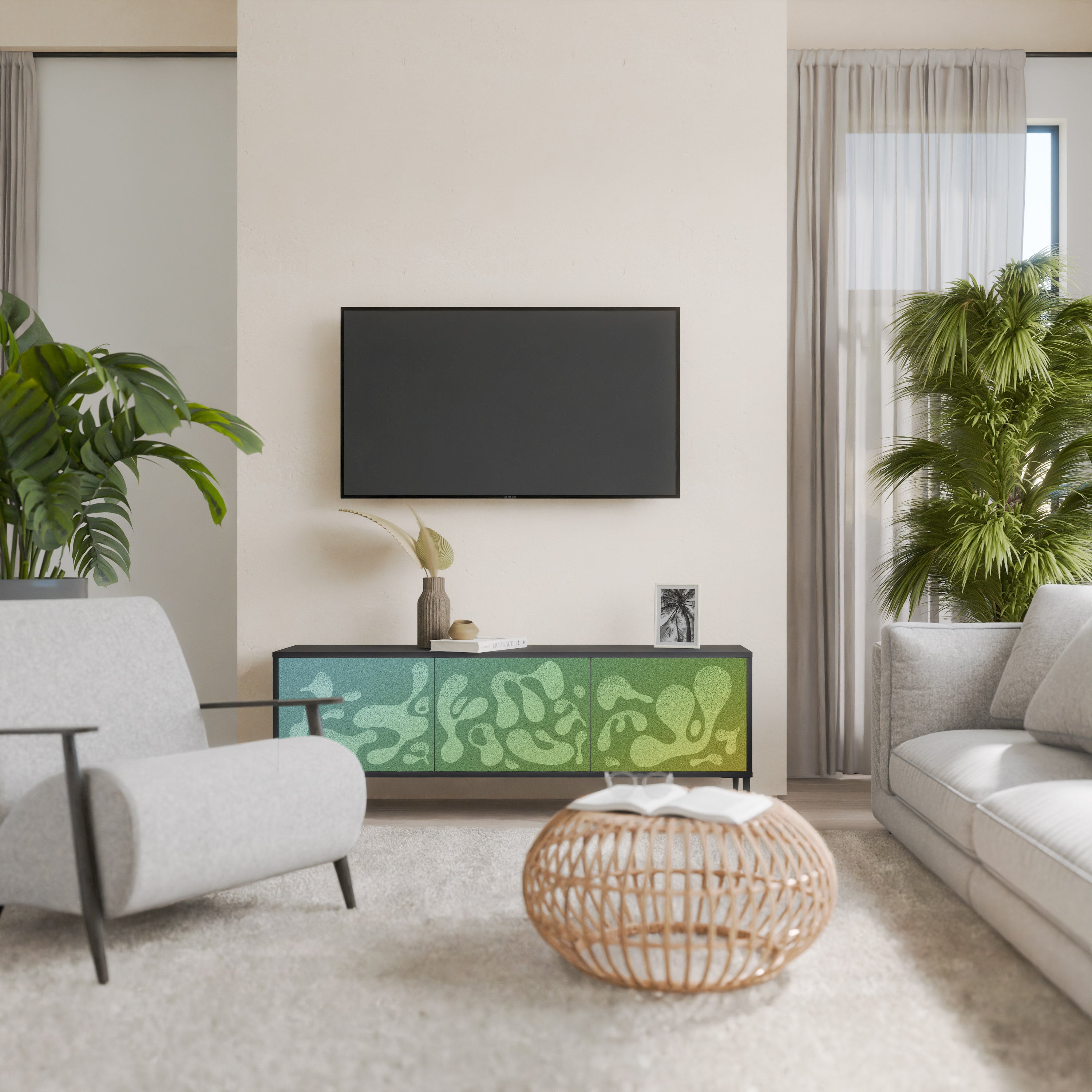 Mueble de TV IRREGULAR BLUE de 3 puertas con acabado negro