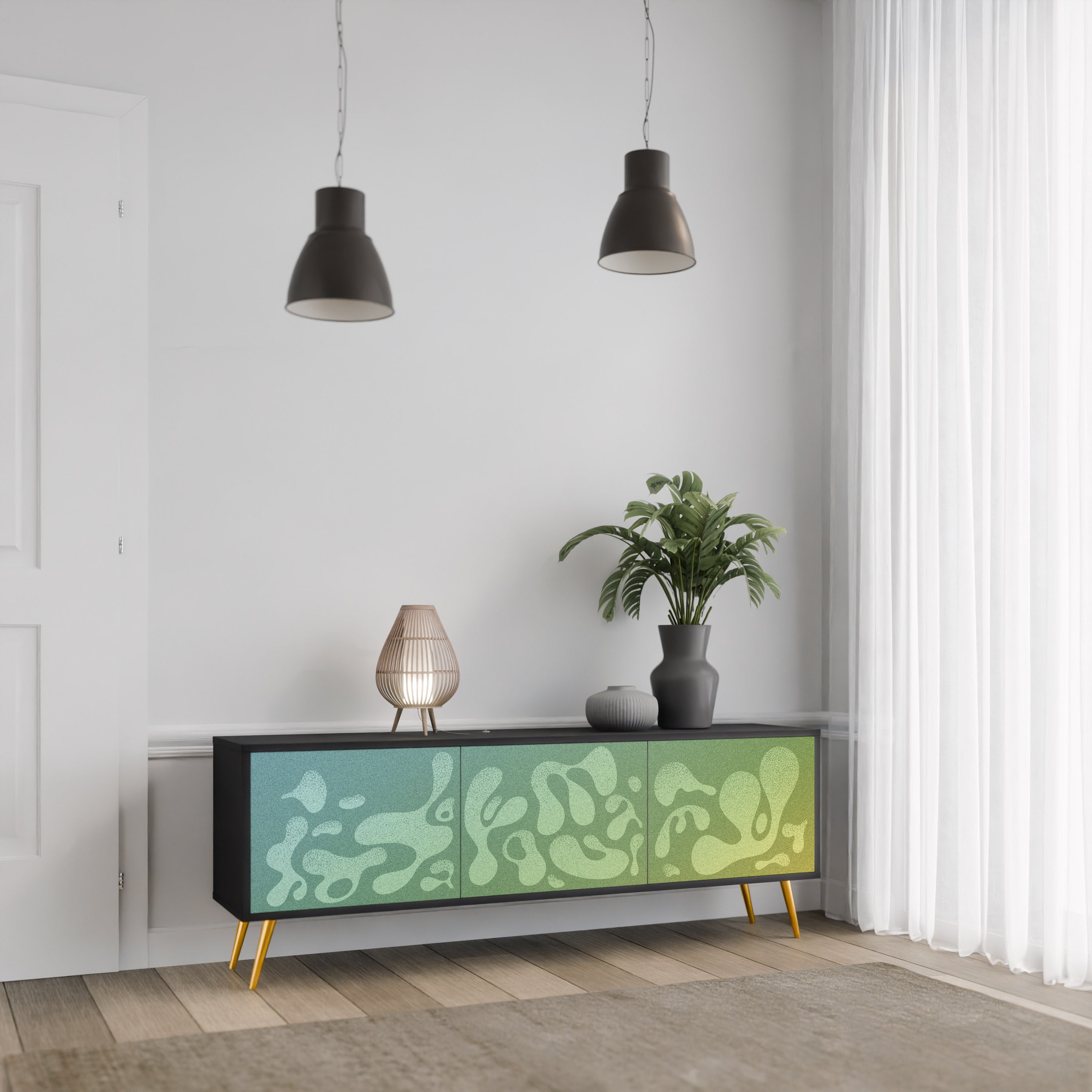 Mueble de TV IRREGULAR BLUE de 3 puertas con acabado negro