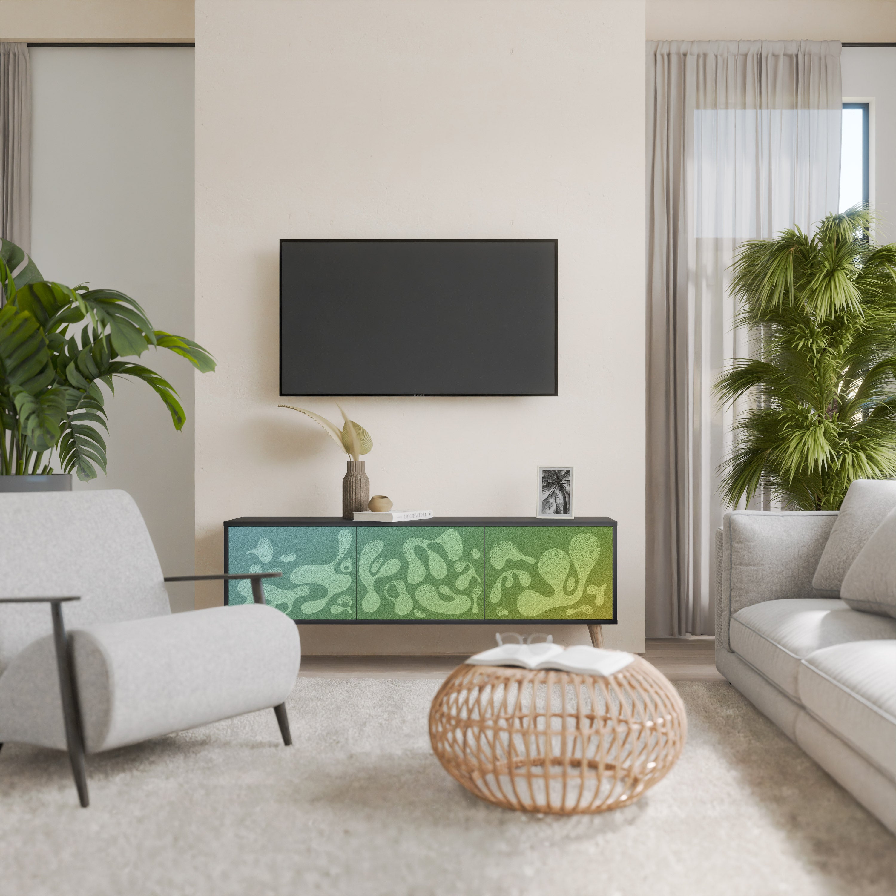 Mueble de TV IRREGULAR BLUE de 3 puertas con acabado negro