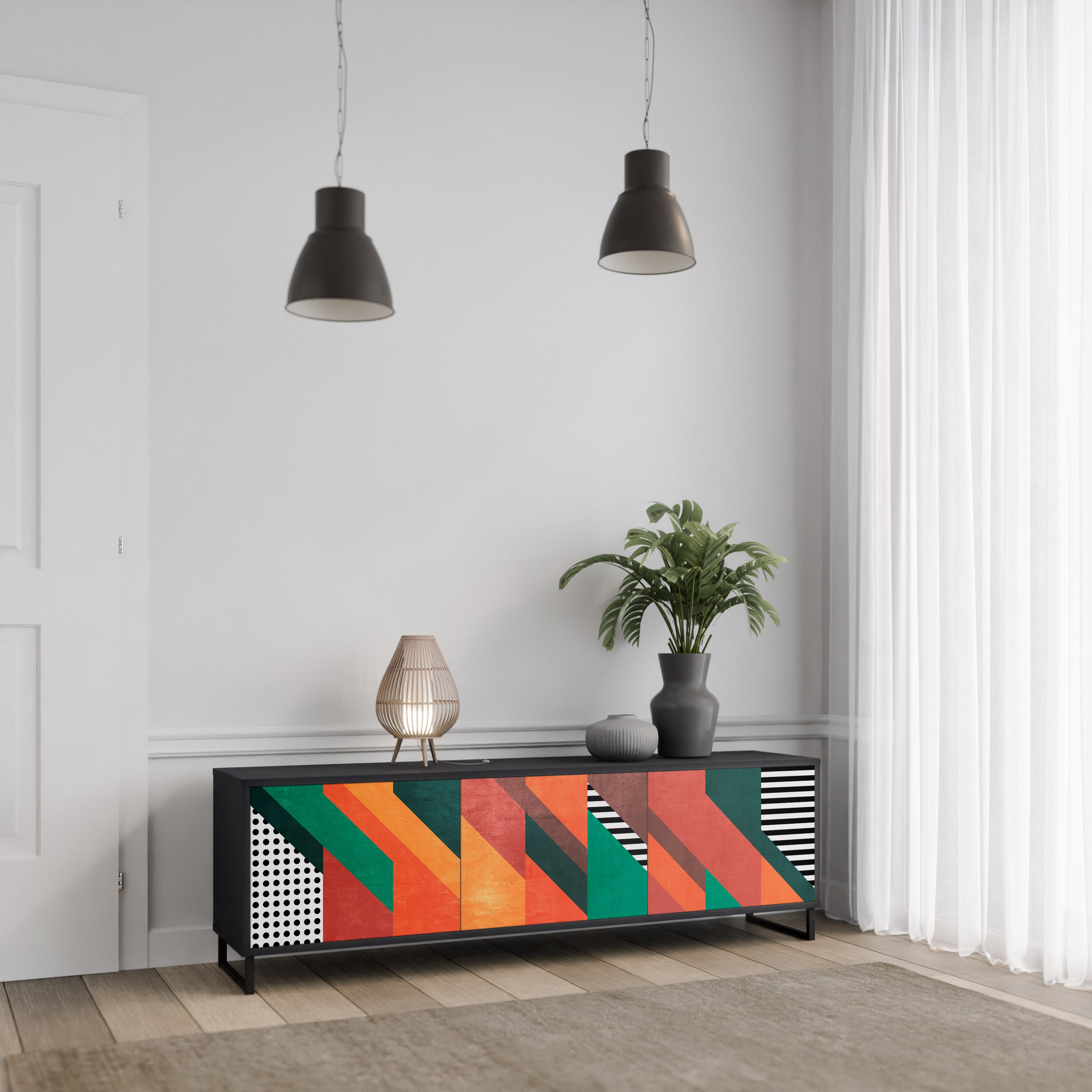 Mueble de TV de 3 puertas MAKESHIFT ARTISTRY con acabado negro