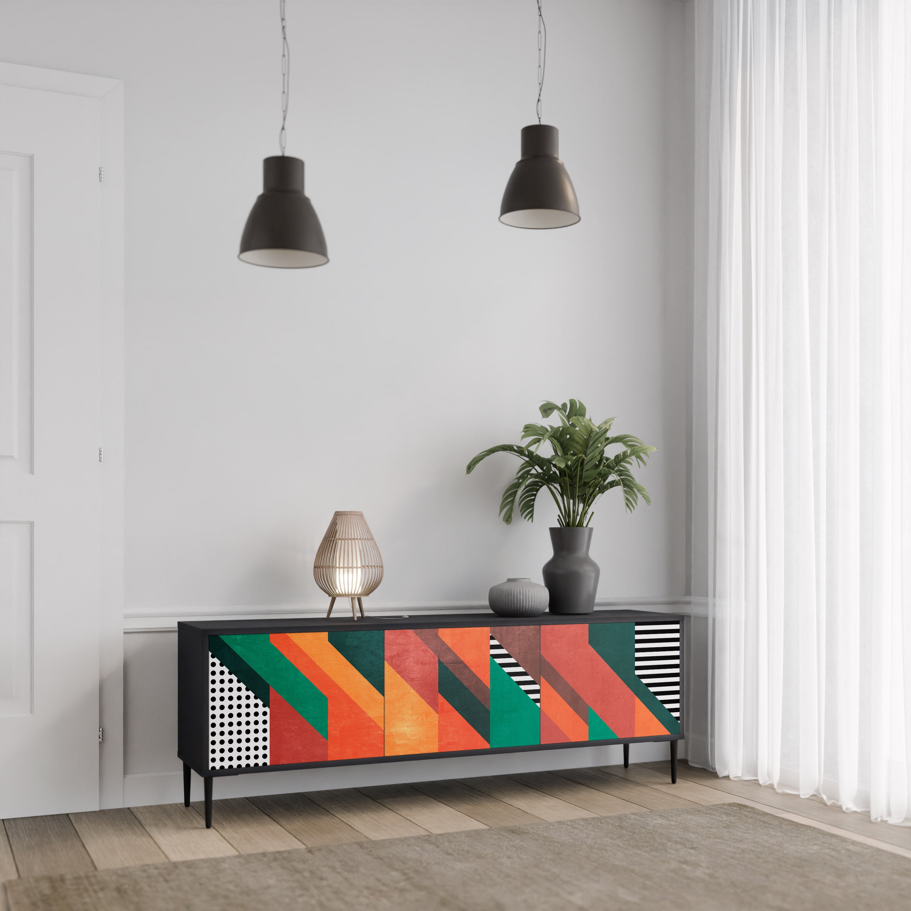 Mueble de TV de 3 puertas MAKESHIFT ARTISTRY con acabado negro