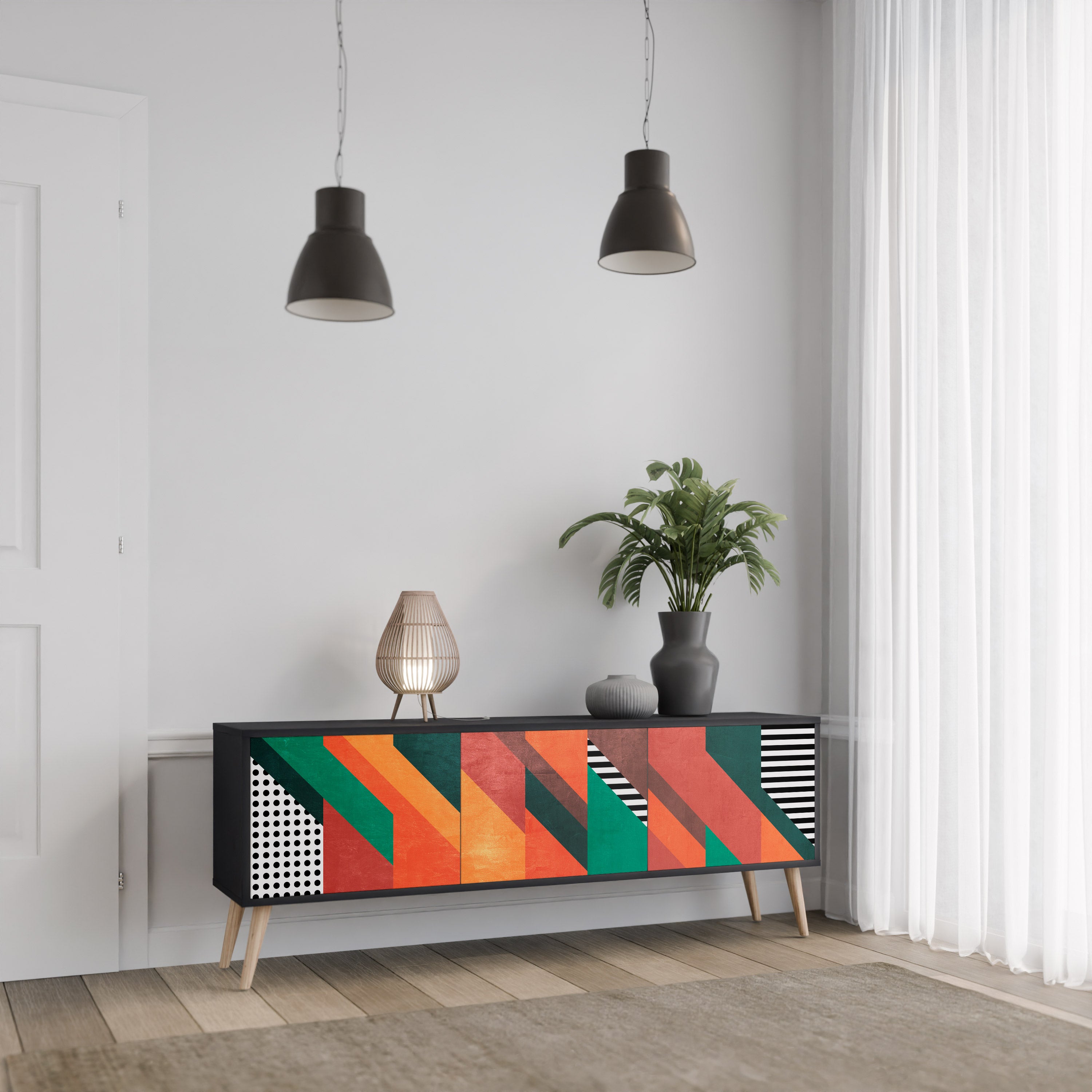 Mueble de TV de 3 puertas MAKESHIFT ARTISTRY con acabado negro