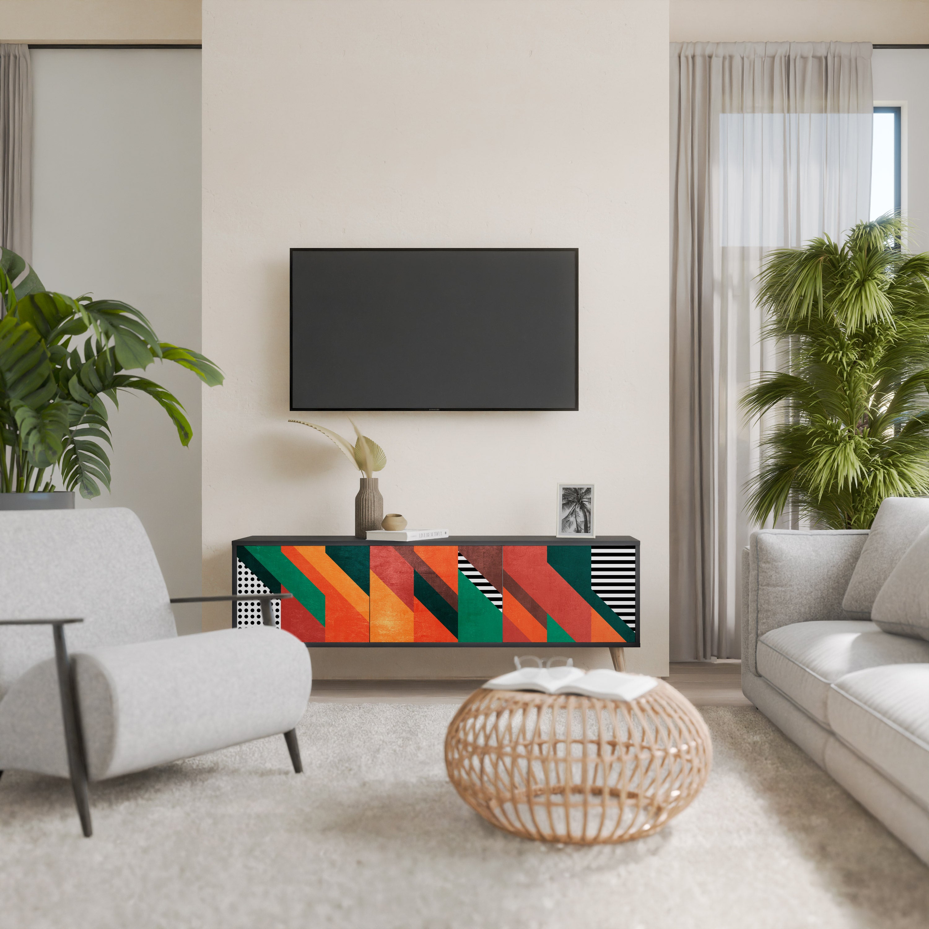 Mueble de TV de 3 puertas MAKESHIFT ARTISTRY con acabado negro