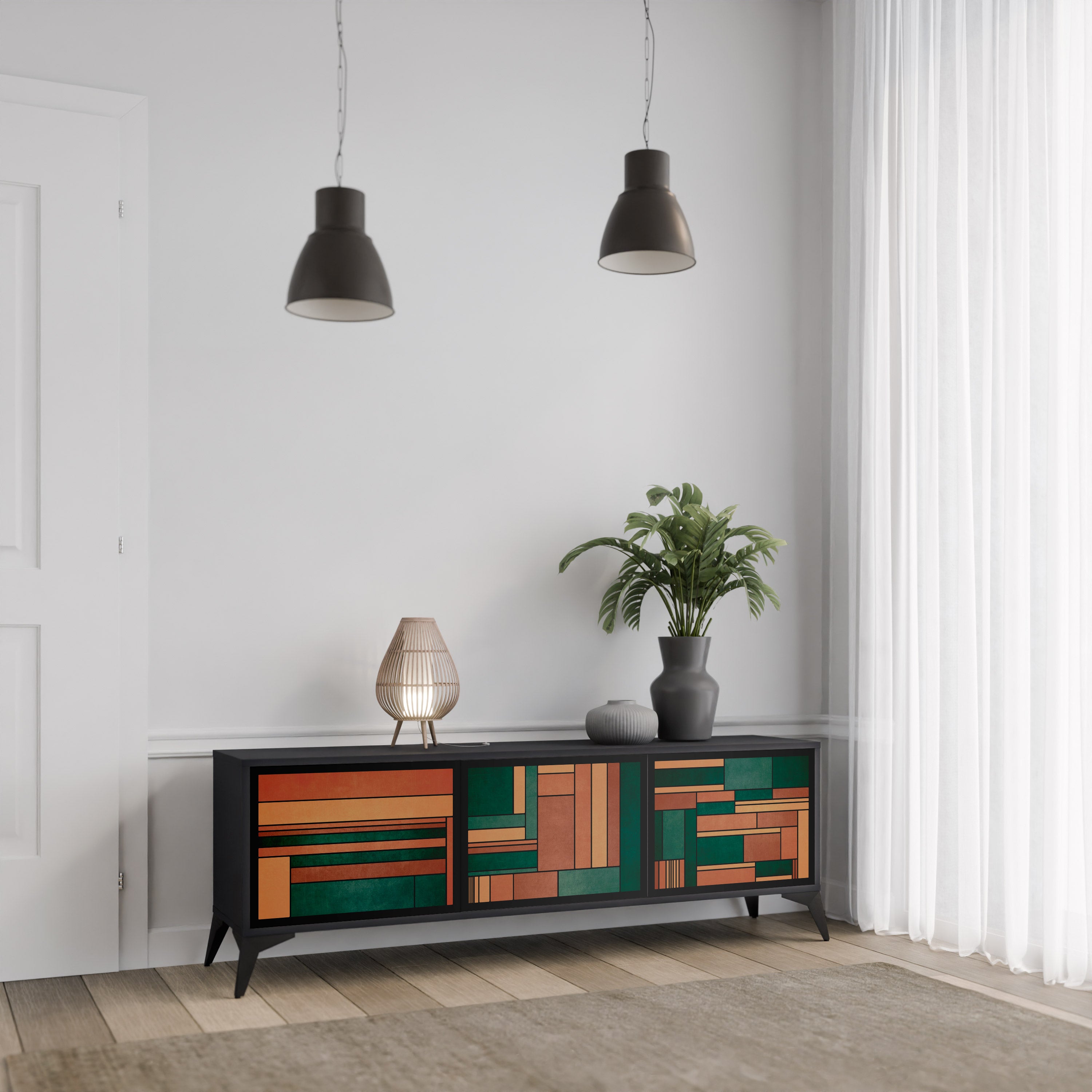 Mueble de TV de 3 puertas EARTHY FIGURES en acabado negro