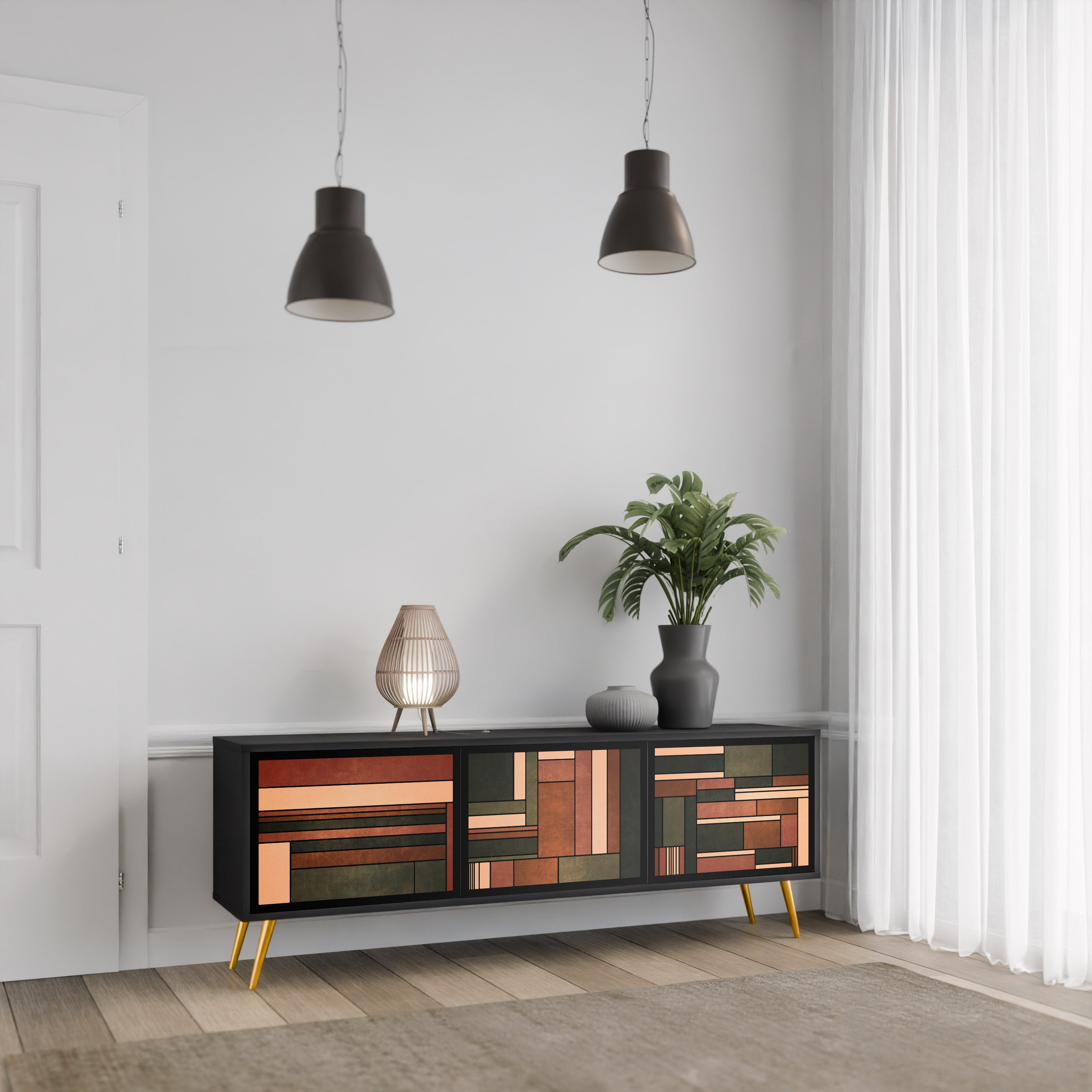 FIGURAS DE LA NATURALEZA Mueble de TV de 3 puertas en acabado negro