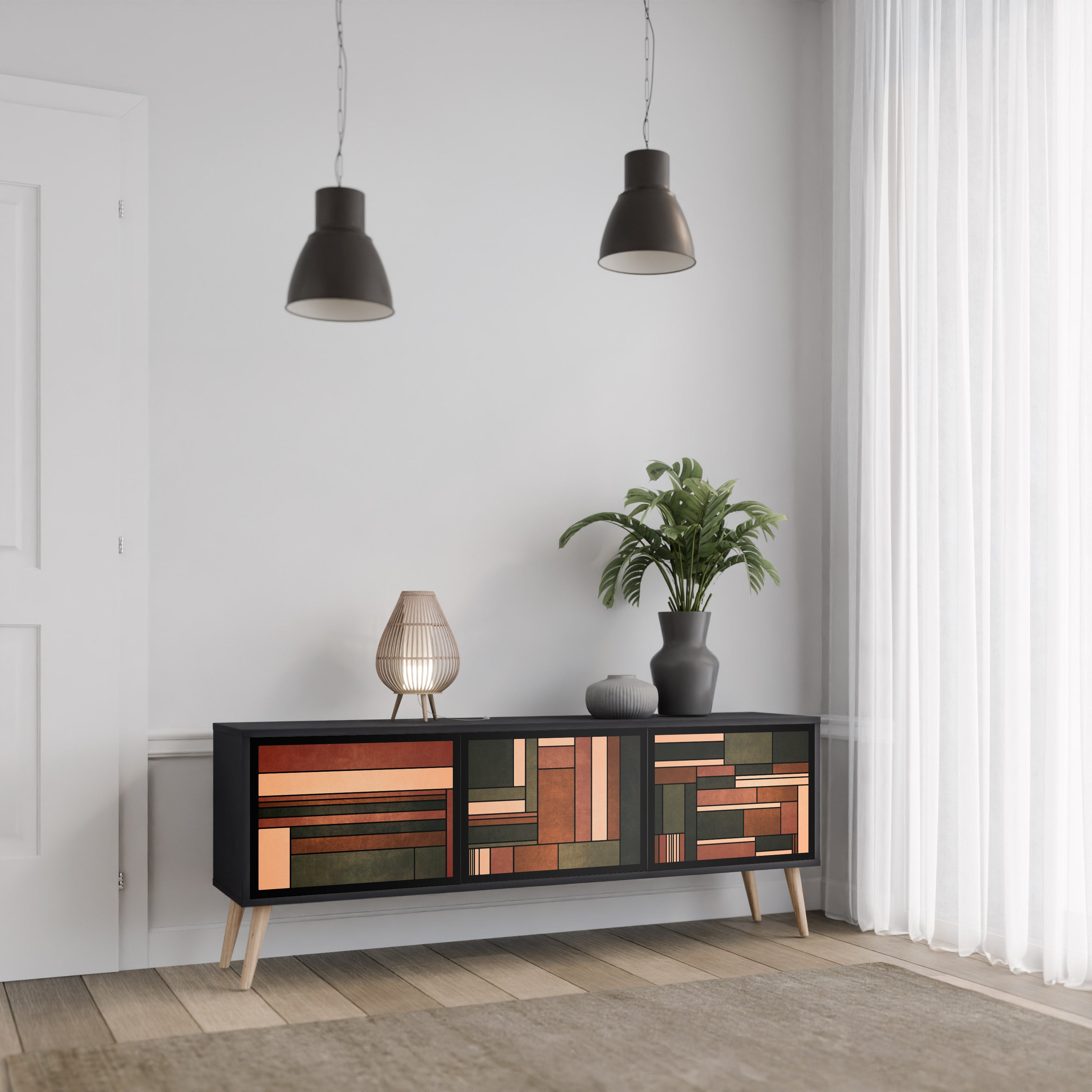 FIGURAS DE LA NATURALEZA Mueble de TV de 3 puertas en acabado negro