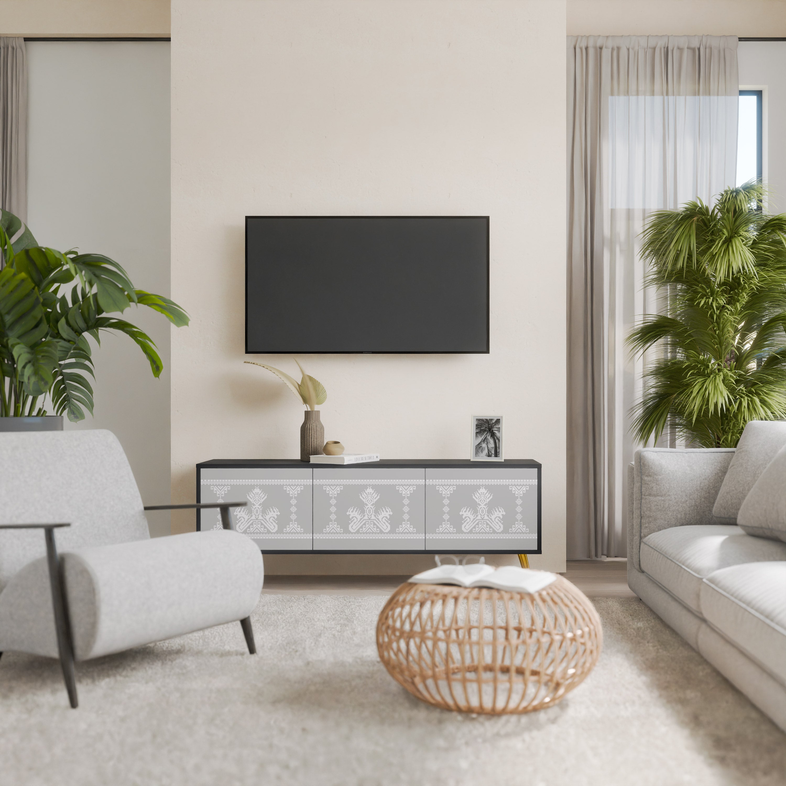 Mueble de TV de 3 puertas THAI GRAY con acabado negro