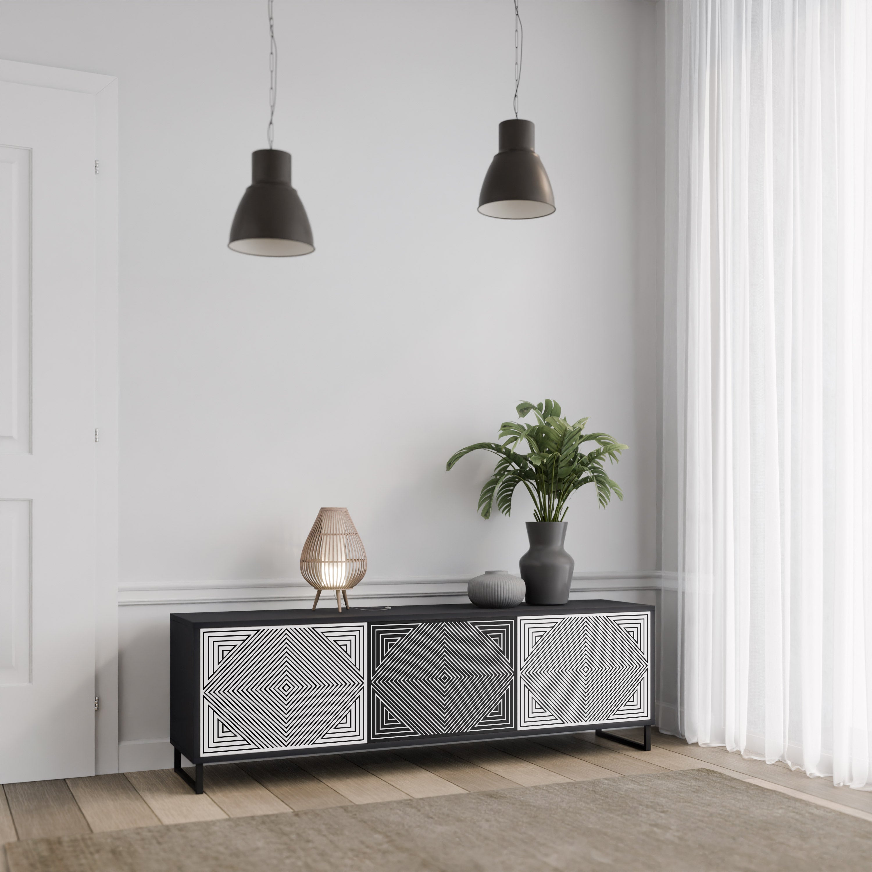 Mueble de TV POLYGON ILLUSION de 3 puertas con acabado negro