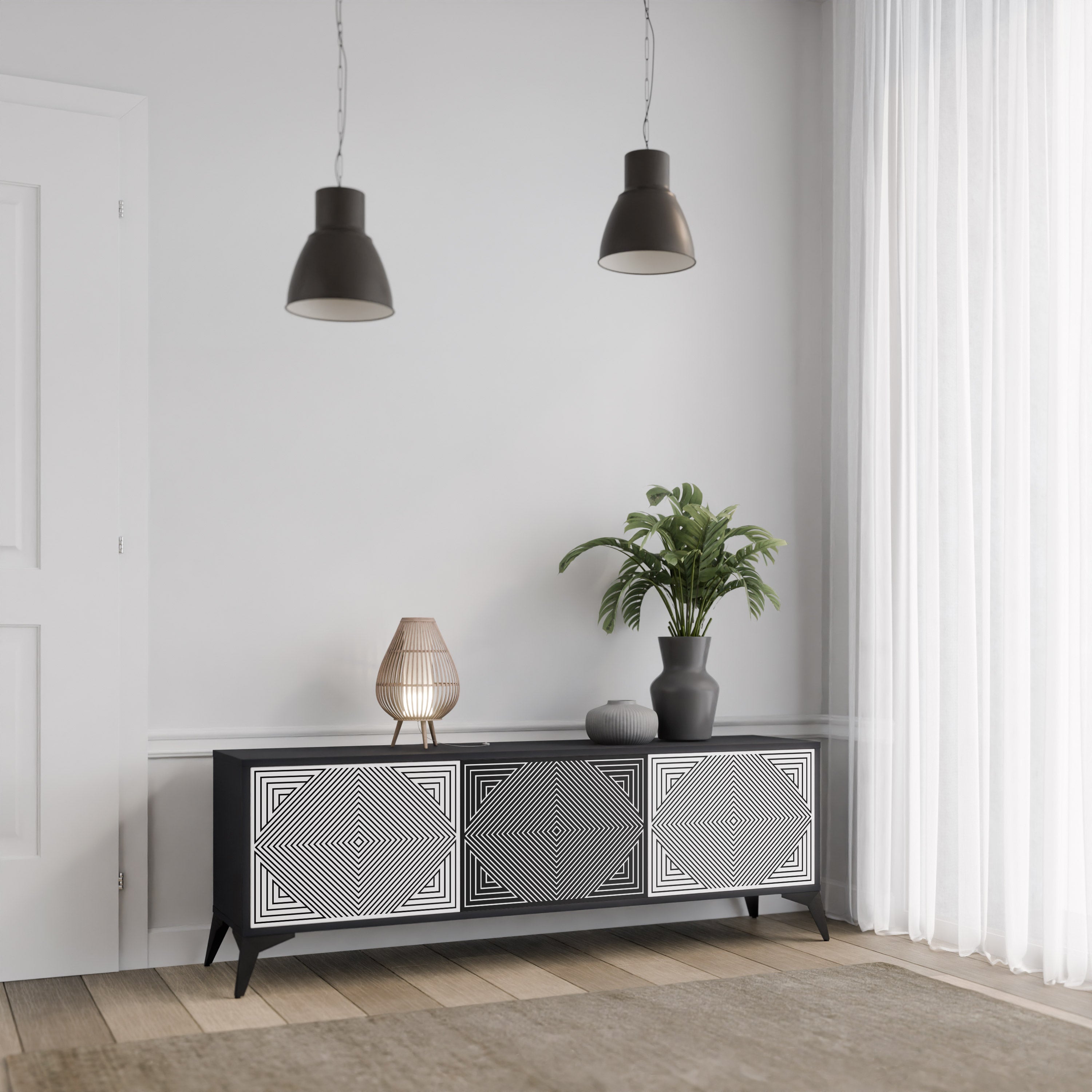Mueble de TV POLYGON ILLUSION de 3 puertas con acabado negro
