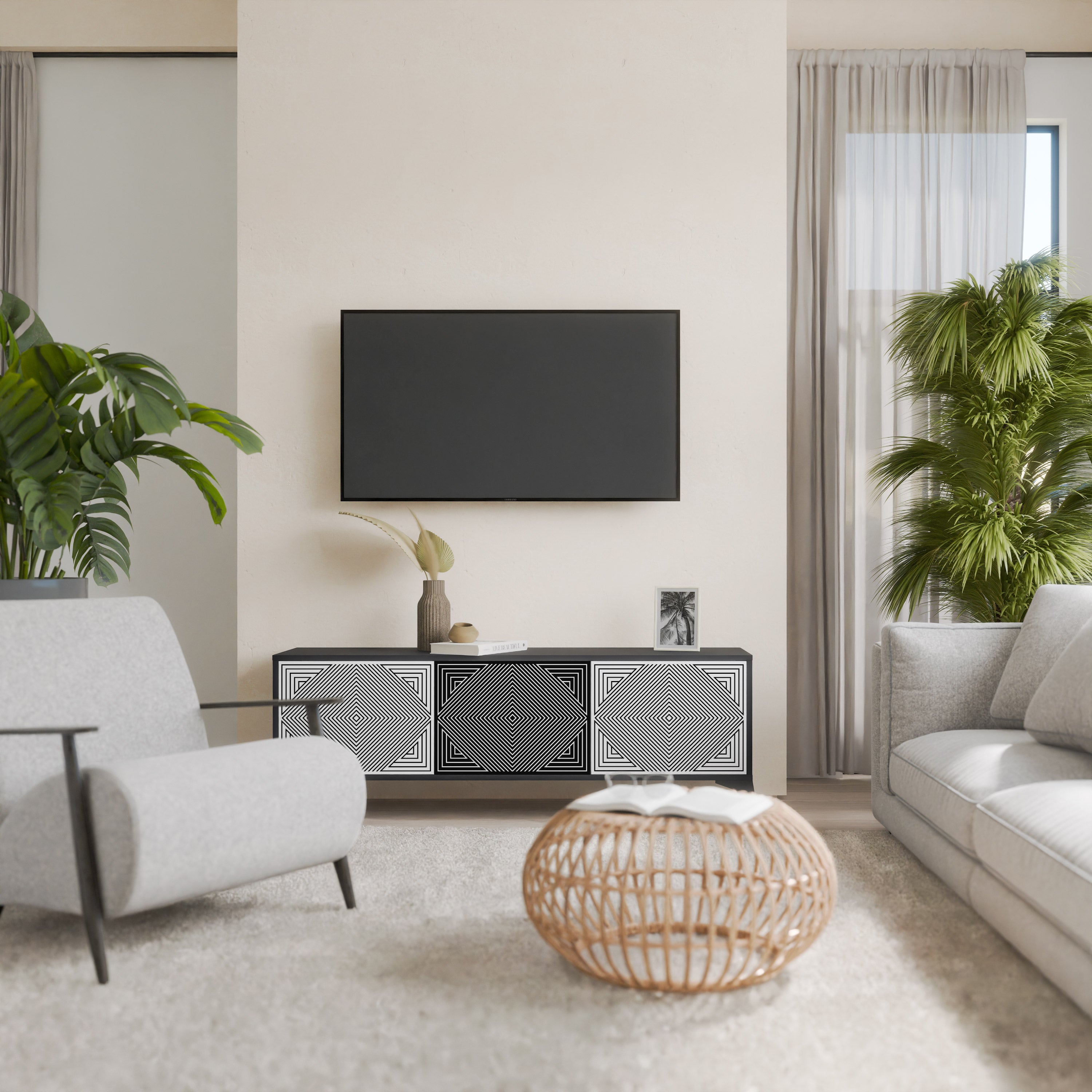 Mueble de TV POLYGON ILLUSION de 3 puertas con acabado negro