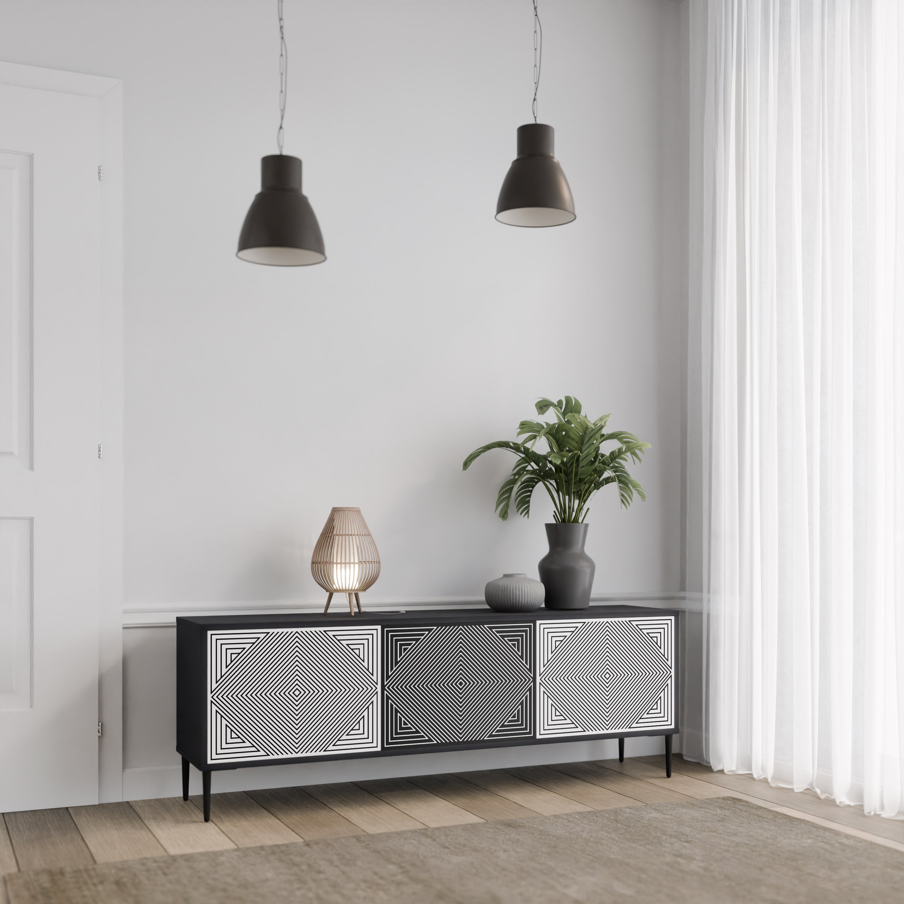 Mueble de TV POLYGON ILLUSION de 3 puertas con acabado negro