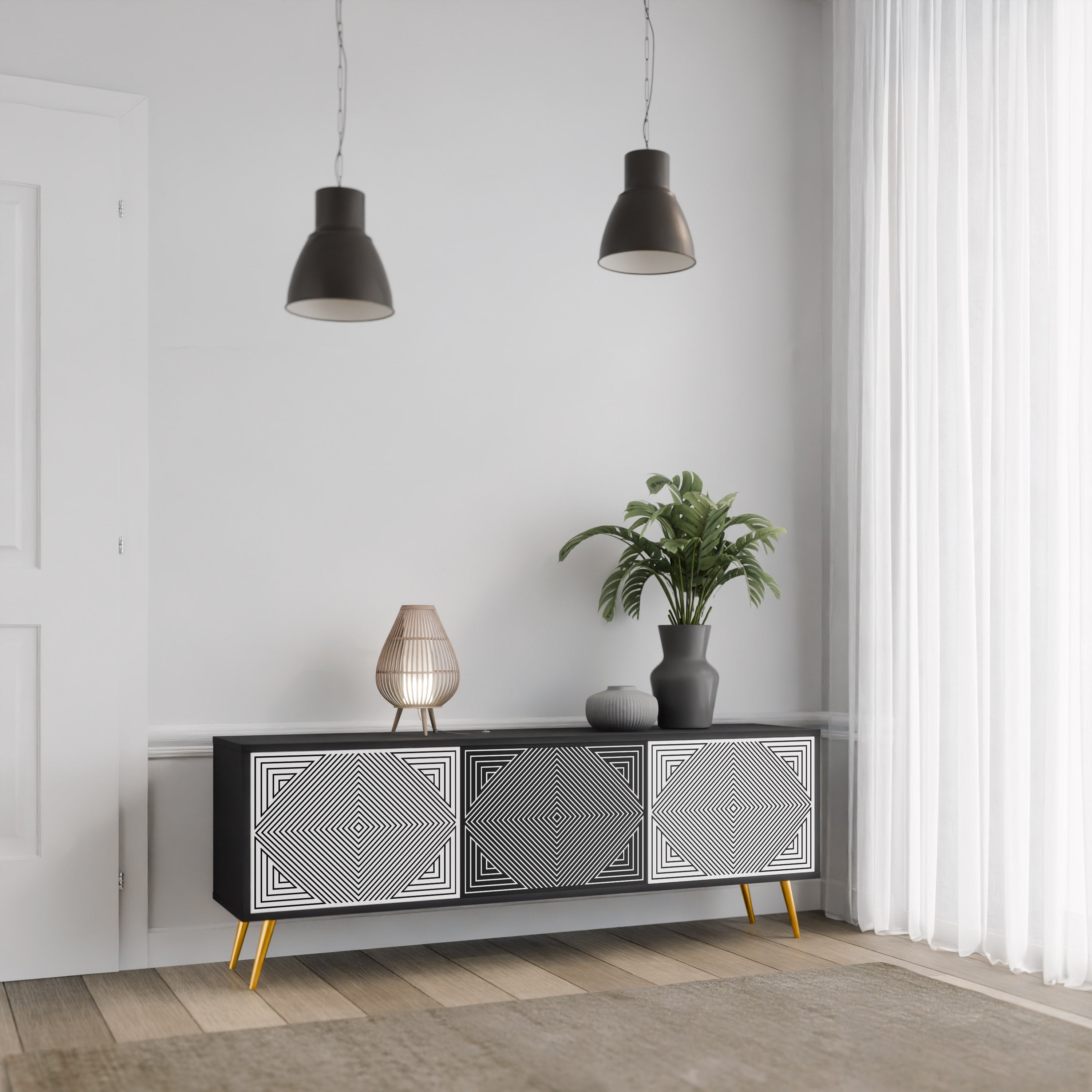 Mueble de TV POLYGON ILLUSION de 3 puertas con acabado negro
