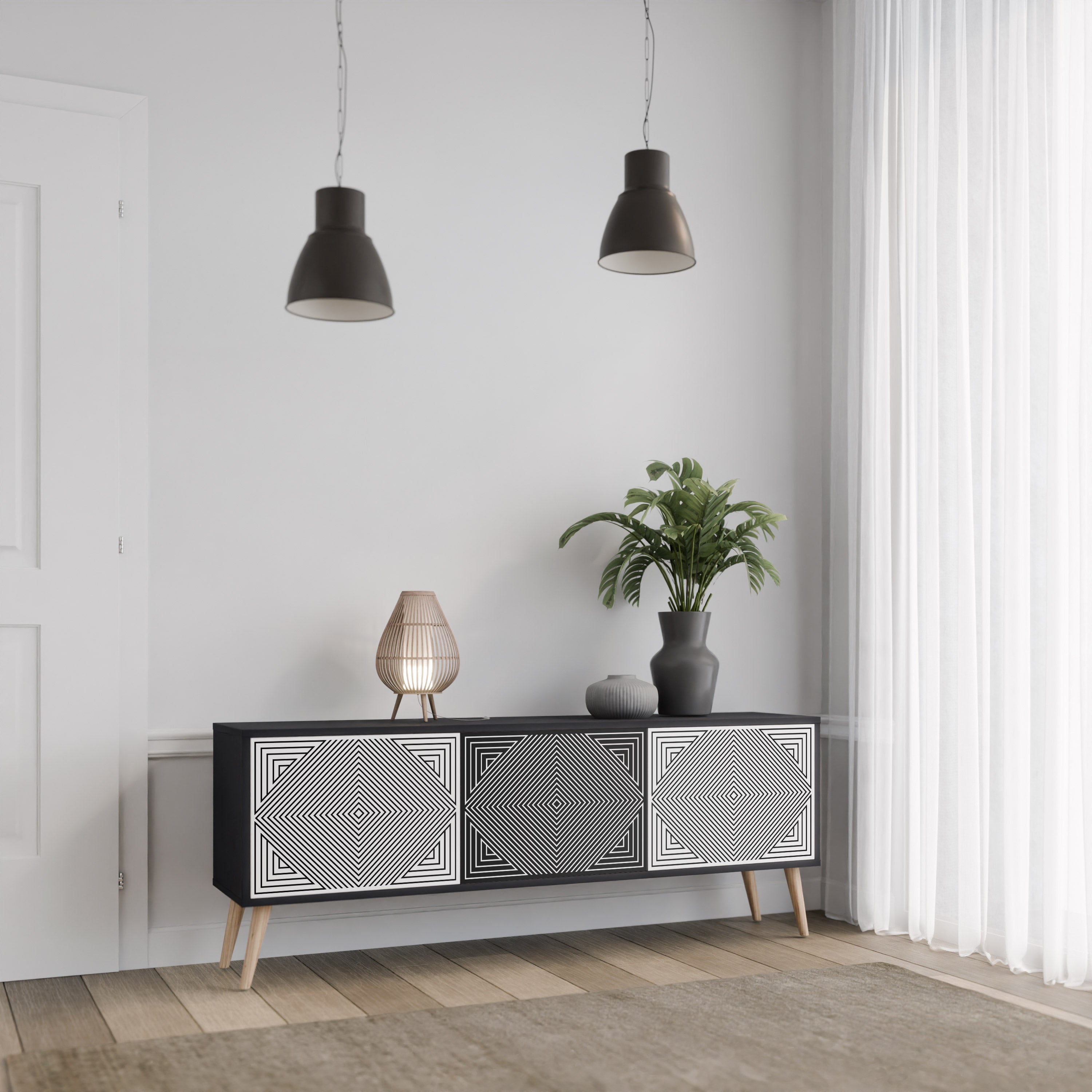 Mueble de TV POLYGON ILLUSION de 3 puertas con acabado negro