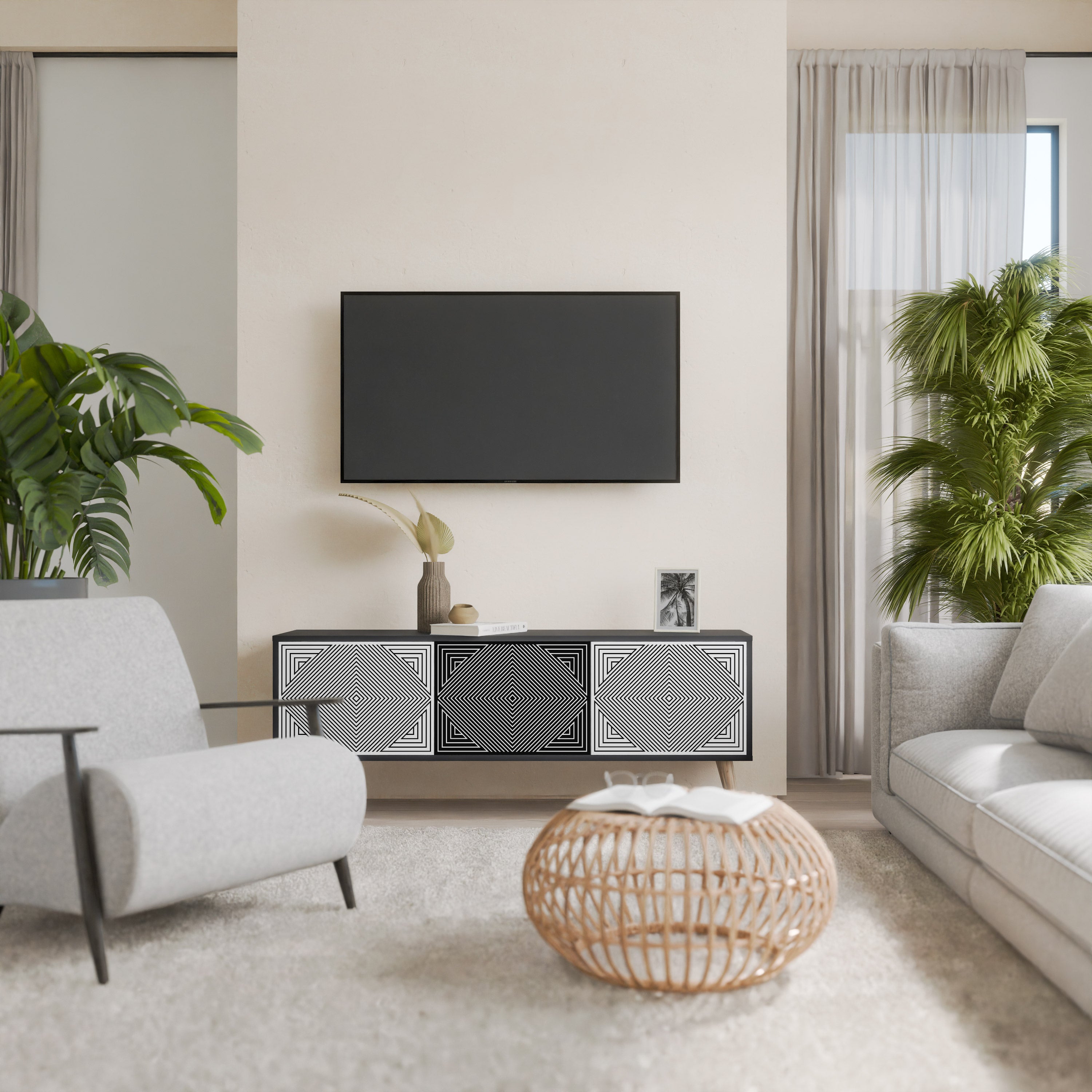 Mueble de TV POLYGON ILLUSION de 3 puertas con acabado negro
