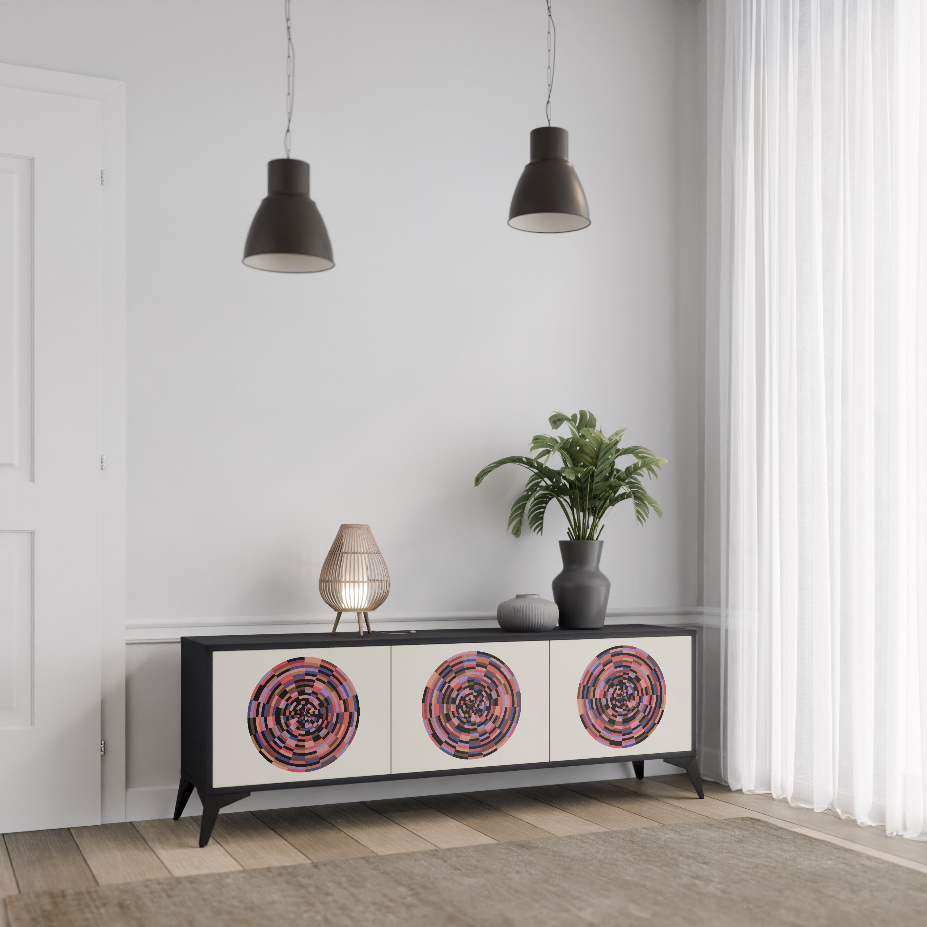 Mueble de TV de 3 puertas BROWN CIRCLES con acabado negro