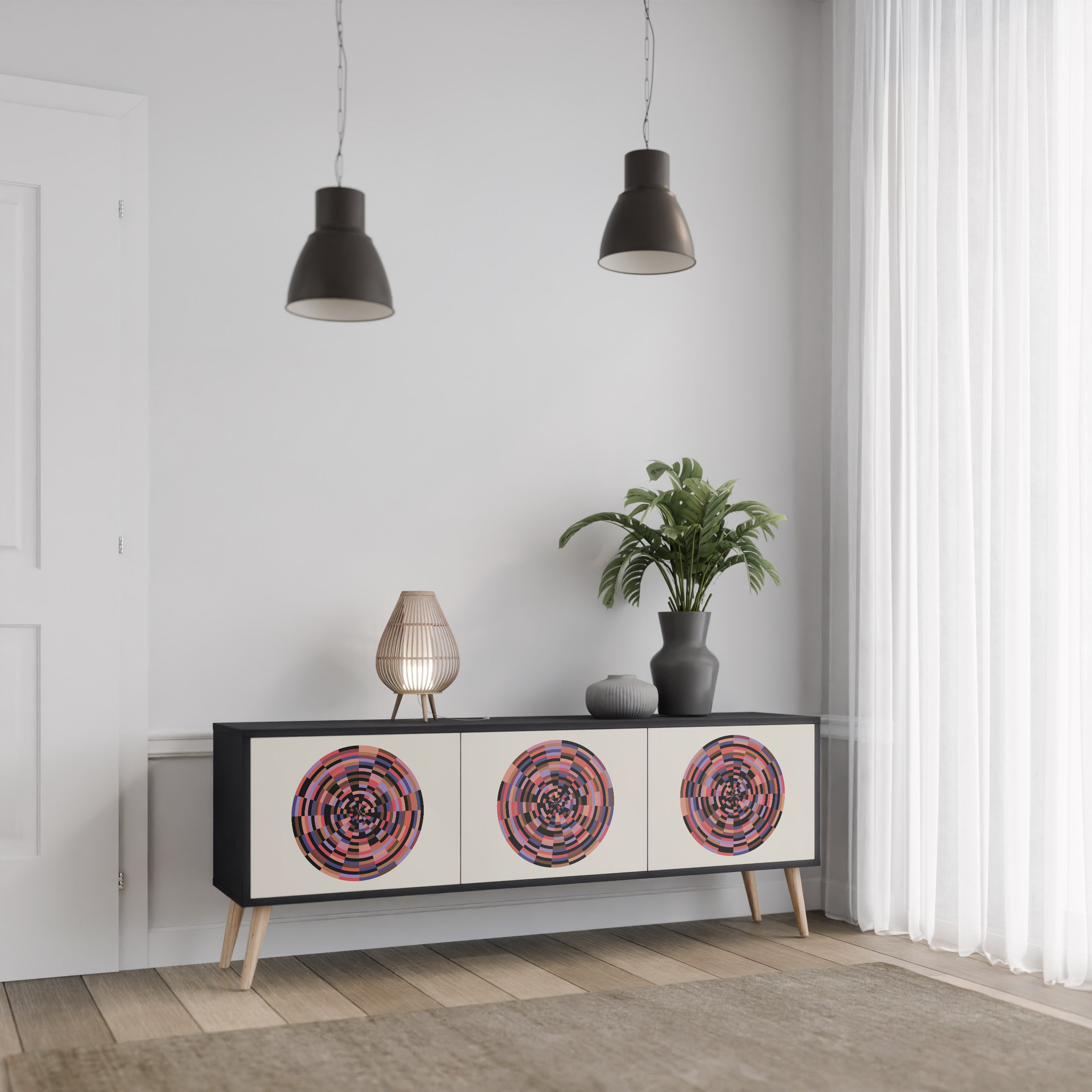Mueble de TV de 3 puertas BROWN CIRCLES con acabado negro