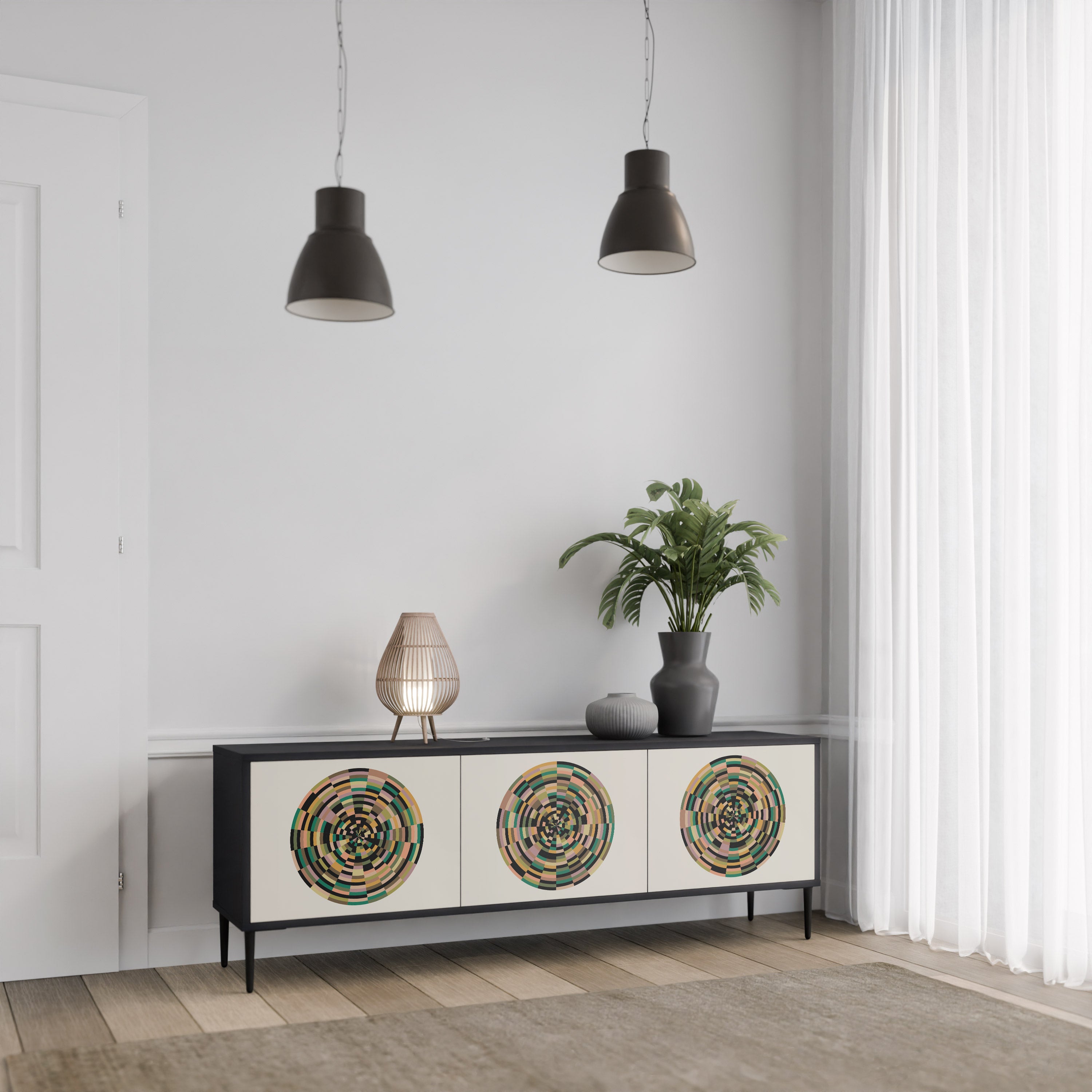 Mueble de TV de 3 puertas GREEN CIRCLES con acabado negro