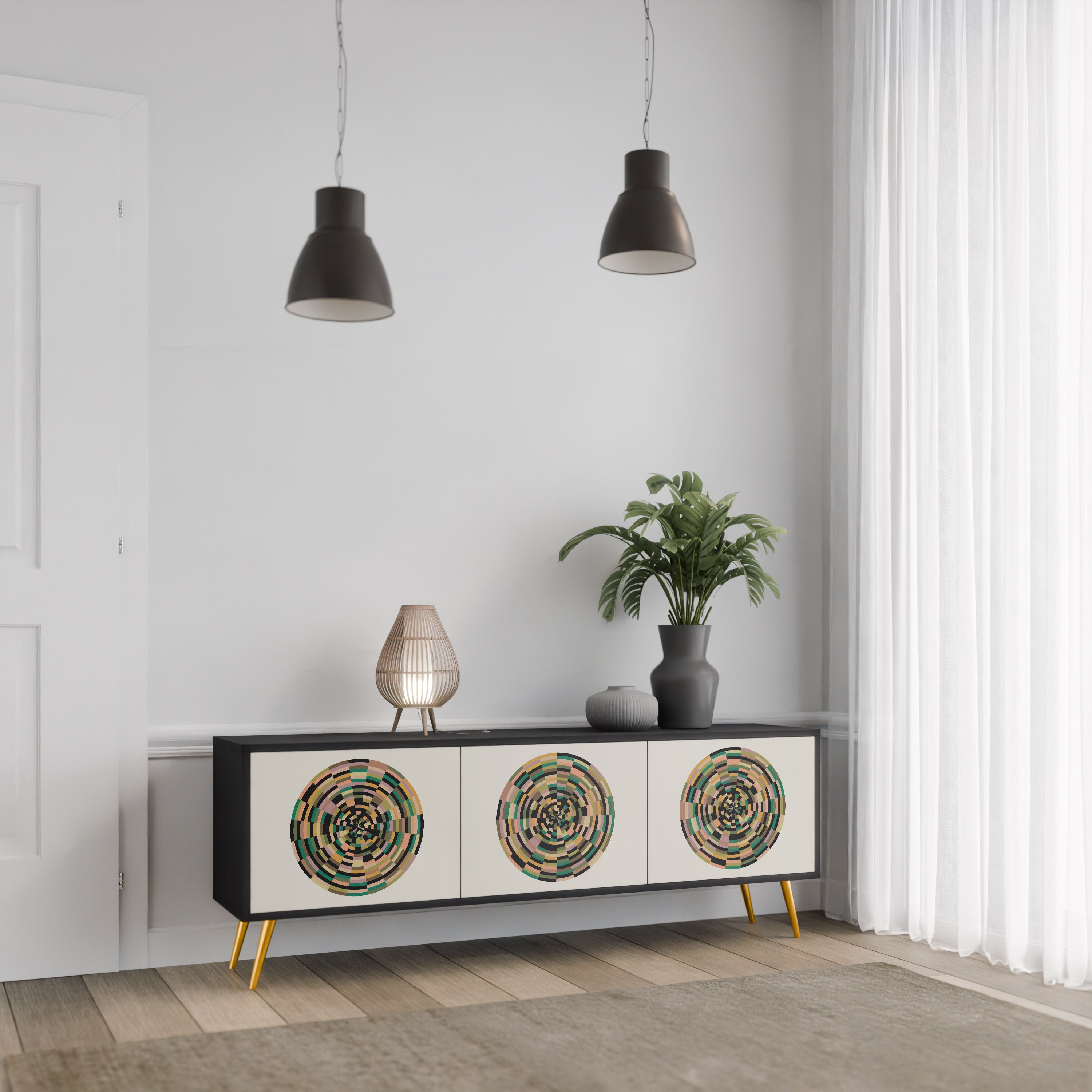 Mueble de TV de 3 puertas GREEN CIRCLES con acabado negro