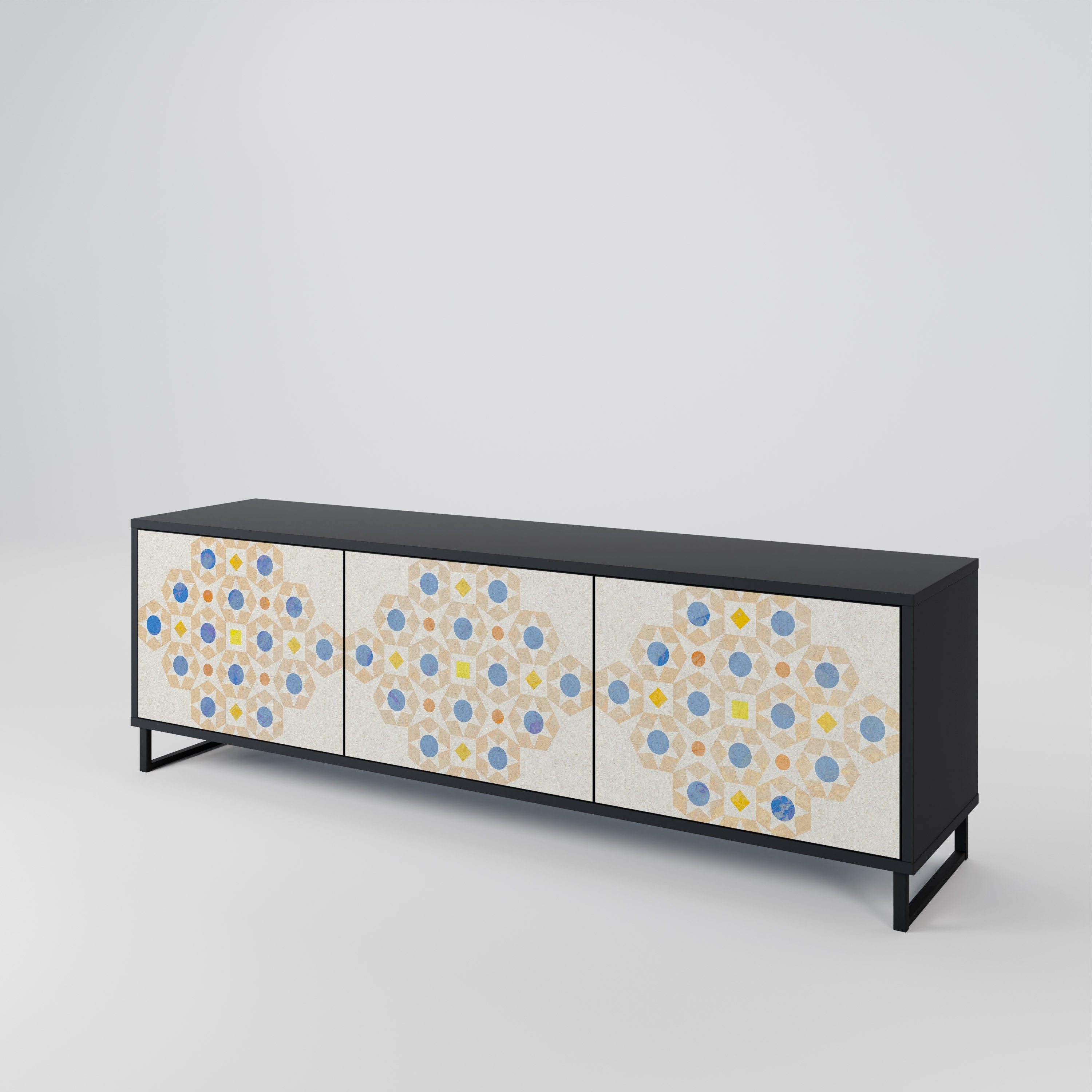 Mueble de TV de 3 puertas con diseño de prisma estampado en acabado negro