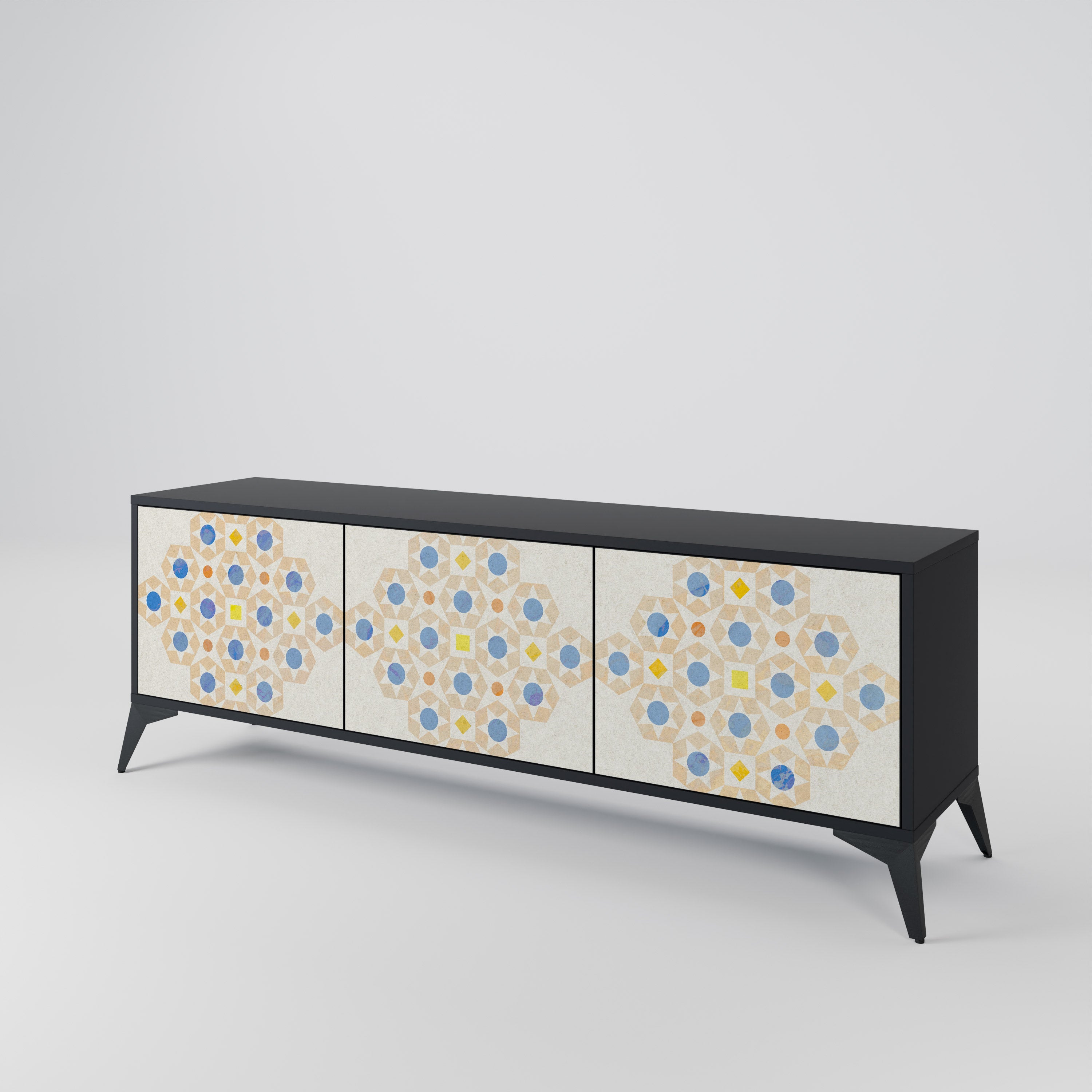 Mueble de TV de 3 puertas con diseño de prisma estampado en acabado negro