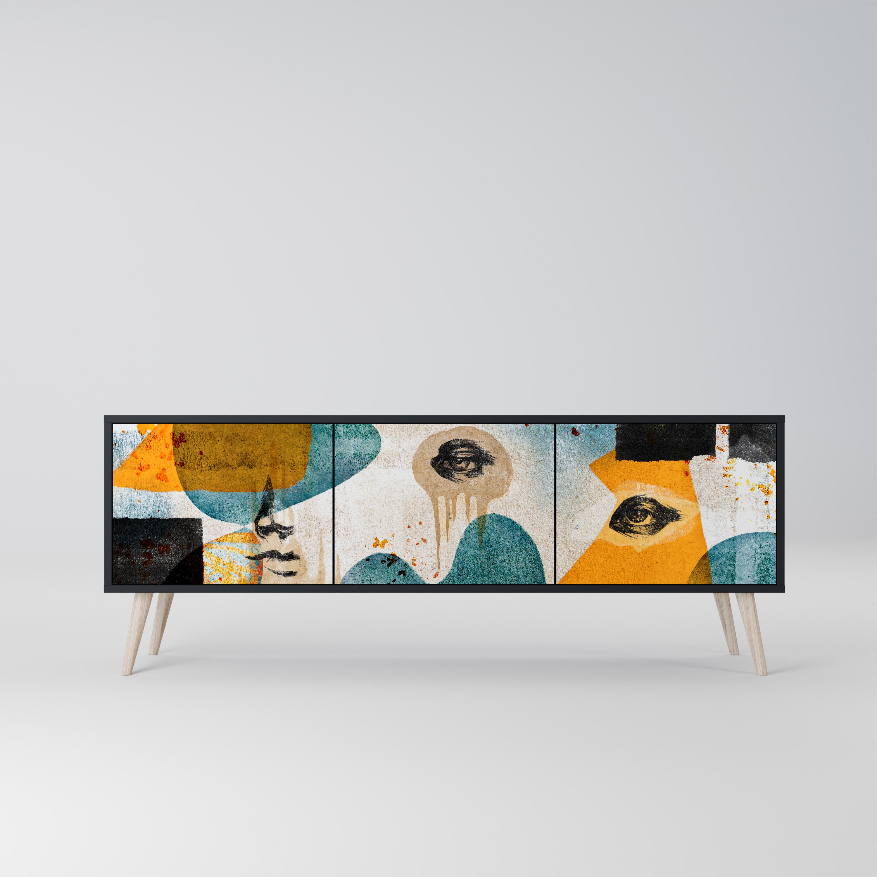 Mueble de TV ABSTRACT FACES de 3 puertas con acabado negro